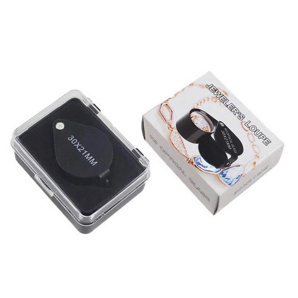 iKKEGOL Lupa de bolsillo para joyas, 30 x 21 mm, plegable, lupa de cristal, cuerpo de metal, color negro con caja