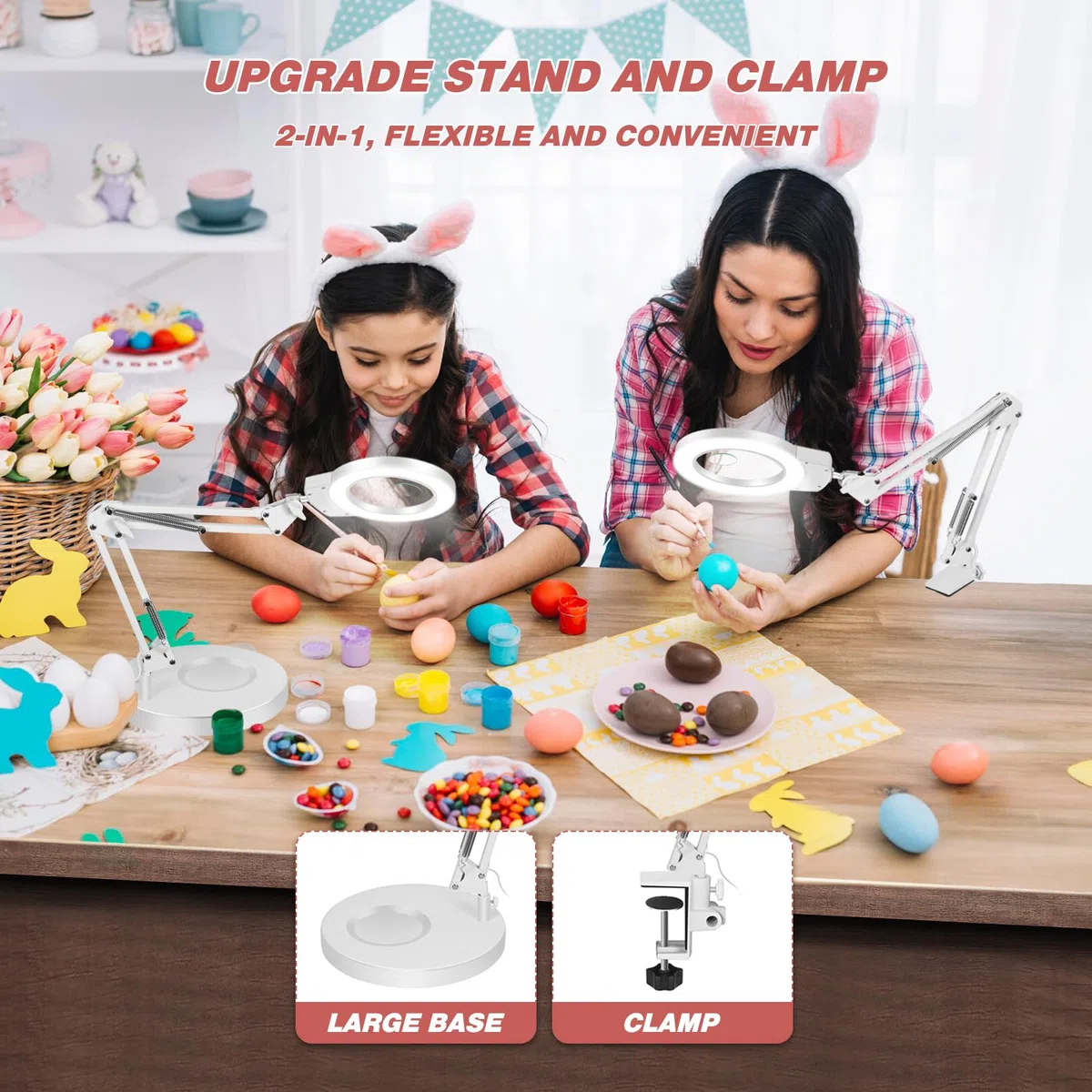 NOEVSBIG Lupa 2 en 1 con luz y soporte, lupa 10 x y 5 x, lámpara de escritorio con gran base y abrazadera, 3 modos de color, regulable, lámpara de lupa LED para hobby, lámpara con lupa con soporte