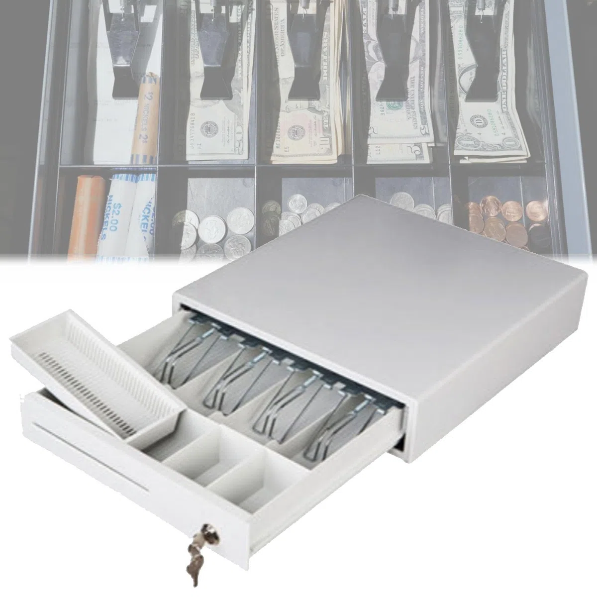 Cajón de caja registradora con compartimentos para monedas y billetes para tiendas y mercados, 4 compartimentos para monedas y 5 compartimentos para notas para transacciones organizadas
