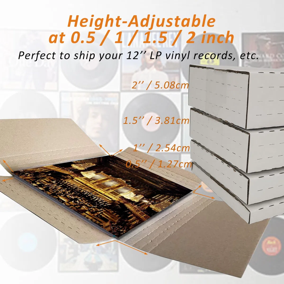 Paquete de 50 cajas de envío de discos de vinilo para álbumes Lp, 32 x 32 x 5 cm, cajas postales de cartón corrugado de altura ajustable, color blanco (EM1212)