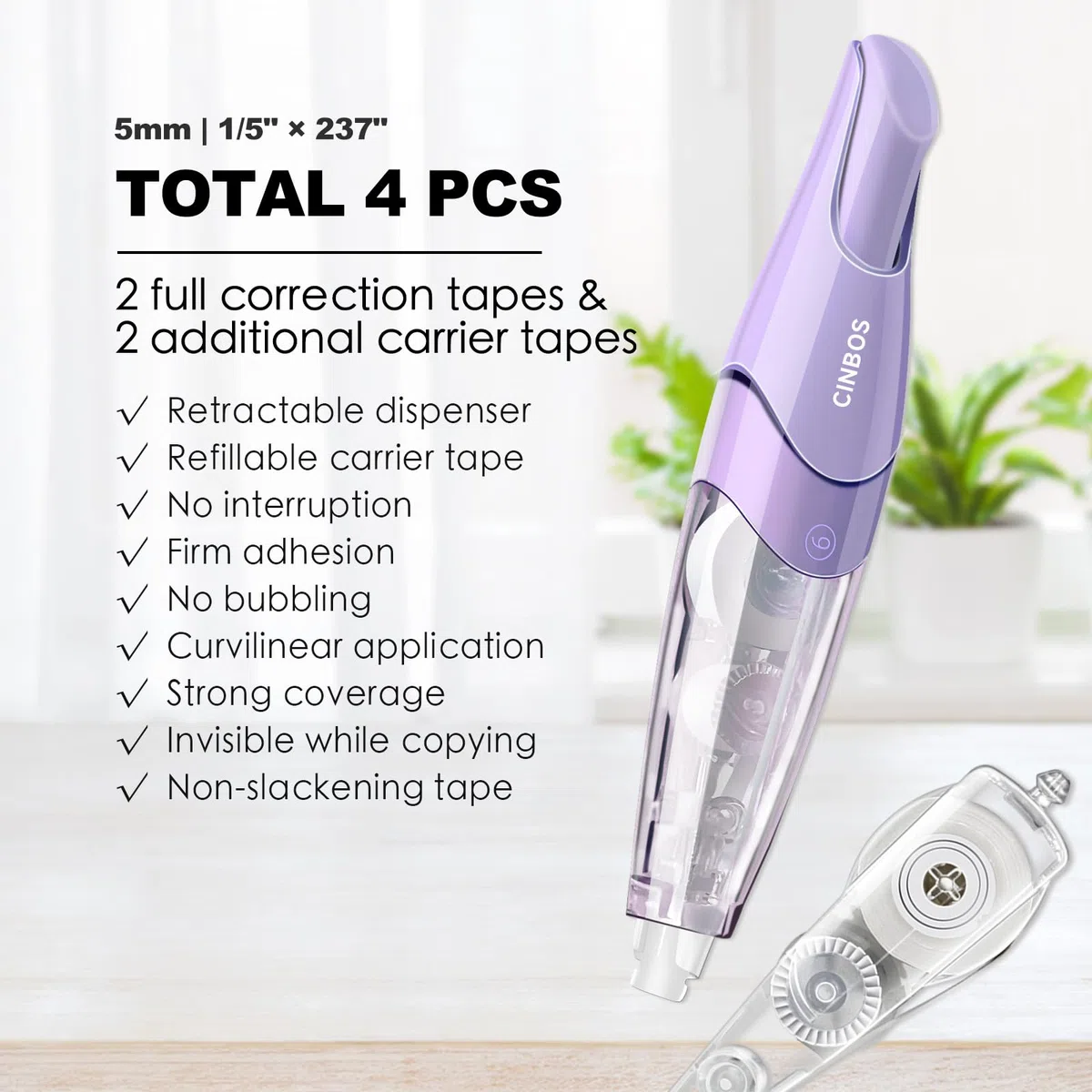 Cinta correctora retráctil recargable, cinta blanca con 2 recambios adicionales, bonito blanco para suministros de oficina, 4 unidades (CS-26)