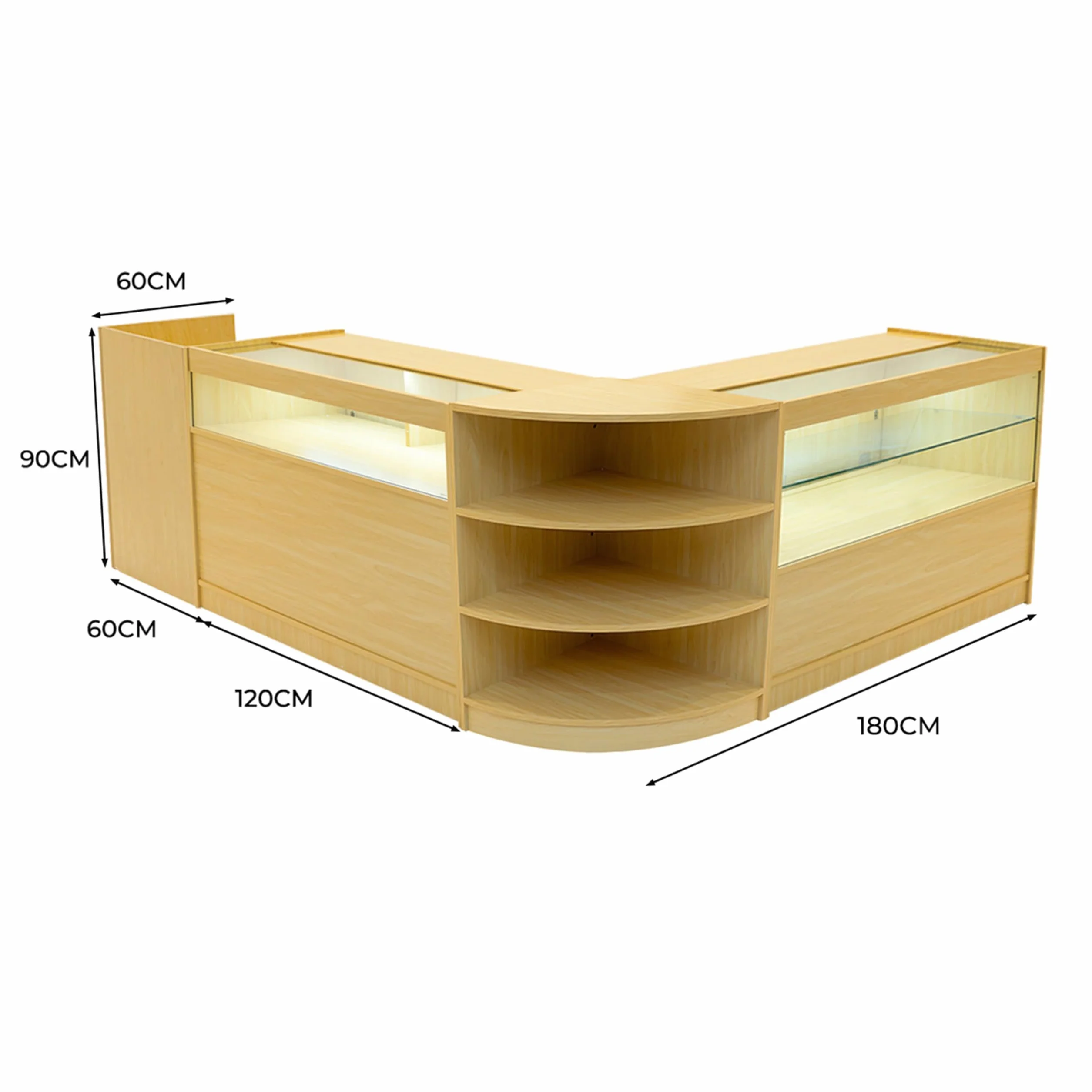 Set Mostradores Comerciales "EUROPA" | Arce |LM60+ B1200+C1200+TB60| MDF y vidrio templado | Estantes y puertas corredizas con cerradura | Fácil Montaje | Mostrador Recepción Expositor Comercial
