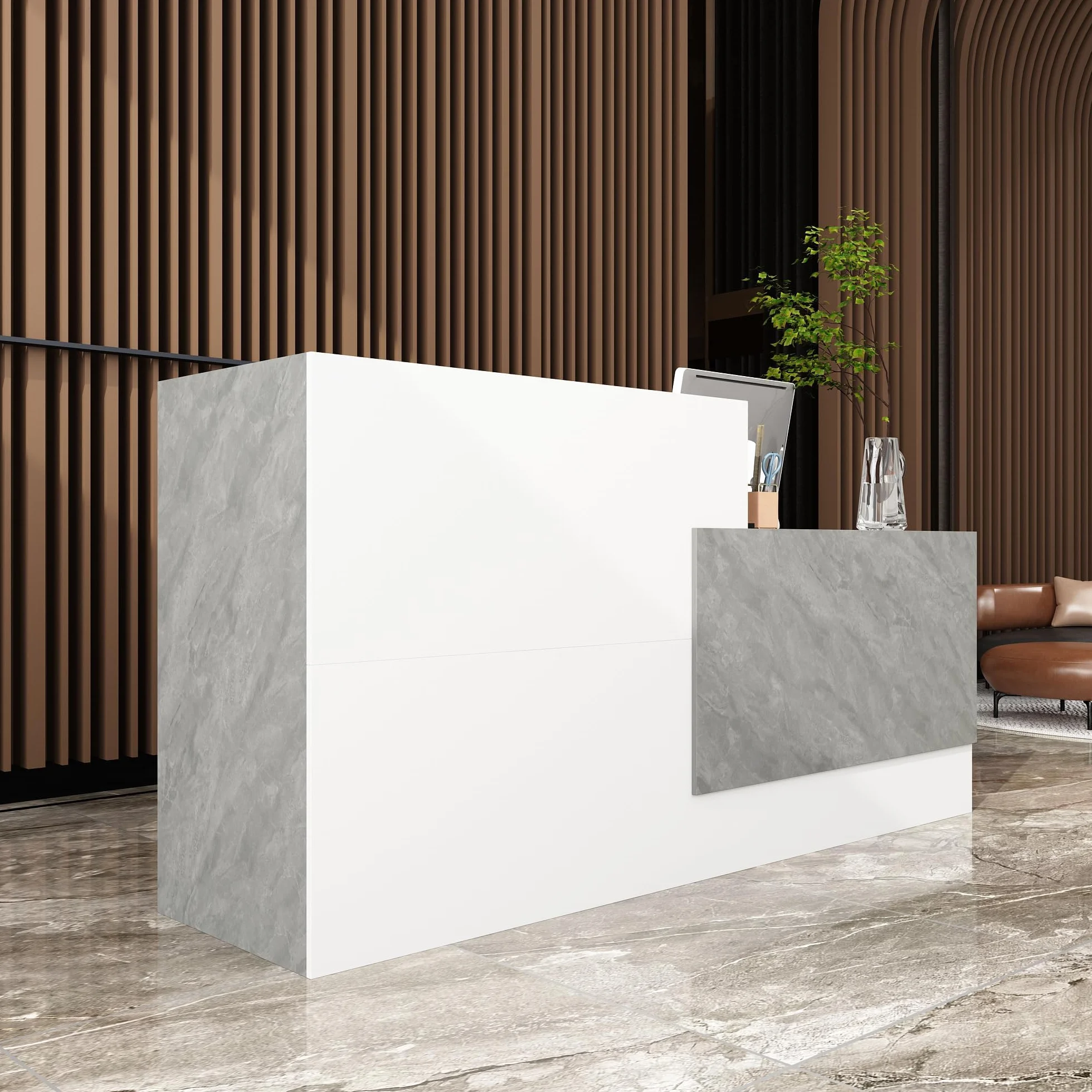 Mostrador de recepción, mostrador de recepción con 6 estantes, mostrador de recepción, mostrador de tienda, mostrador de venta con cajón de teclado, mueble de recepción, MDF, 220 x 60 x 110