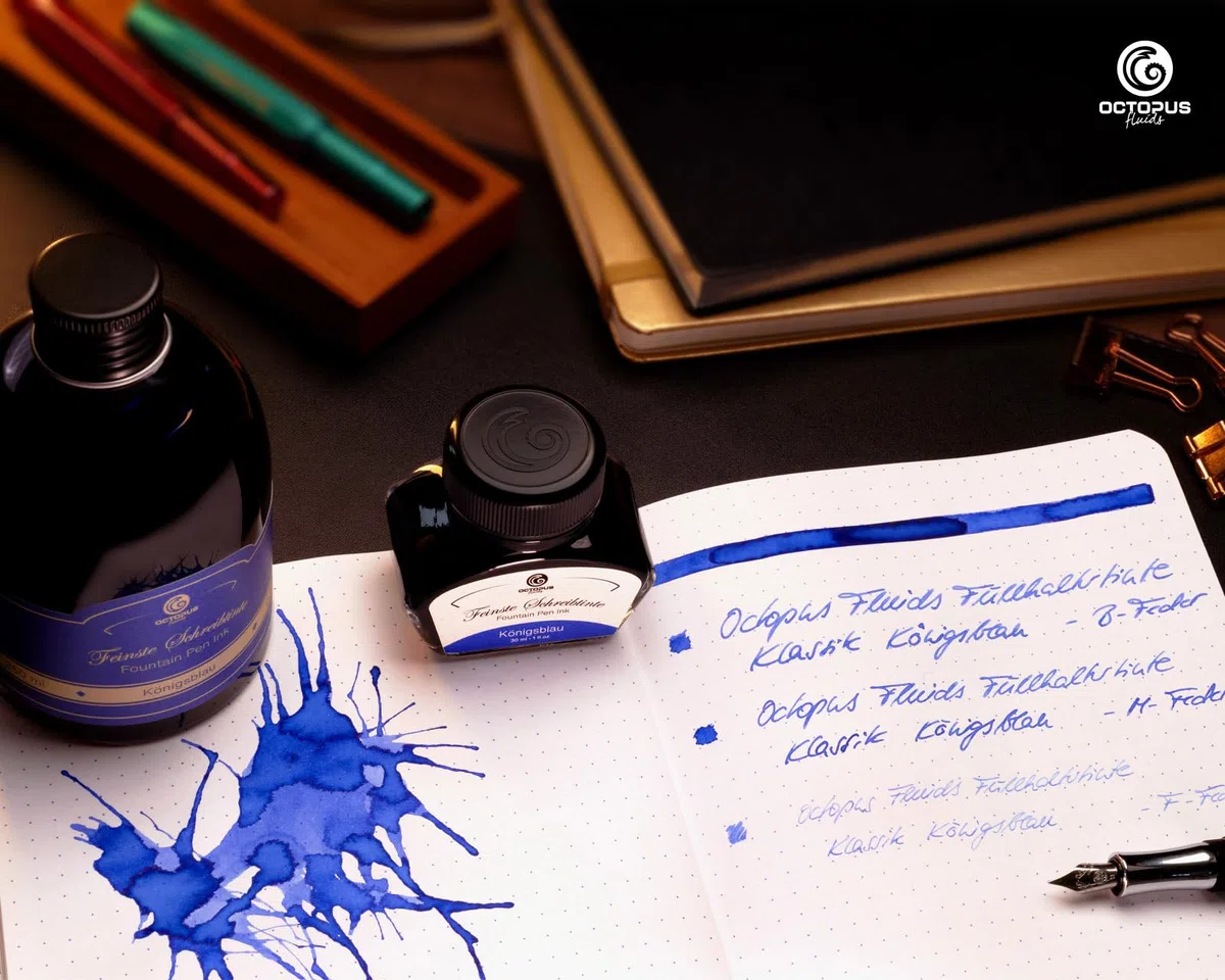 Octopus Tinta de pluma estilográfica en botella práctica, tinta para pluma, tinta de pluma, tinta de caligrafía, color azul real borrable 250 ml