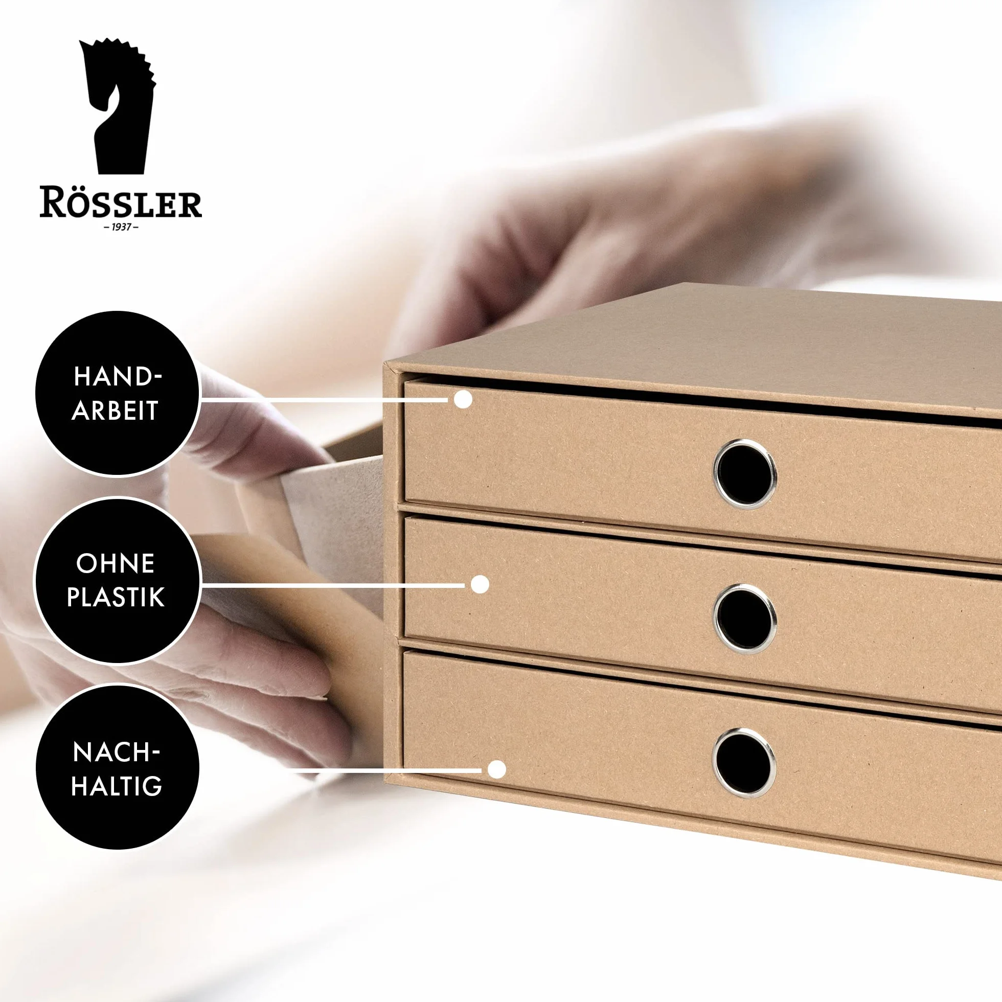 Rössler Papier 1524452623 - S.O.H.O. Caja de 3 cajones para DIN A4, con agujero de agarre, Kraft, 343 x 250 x 185 mm, 1 unidad