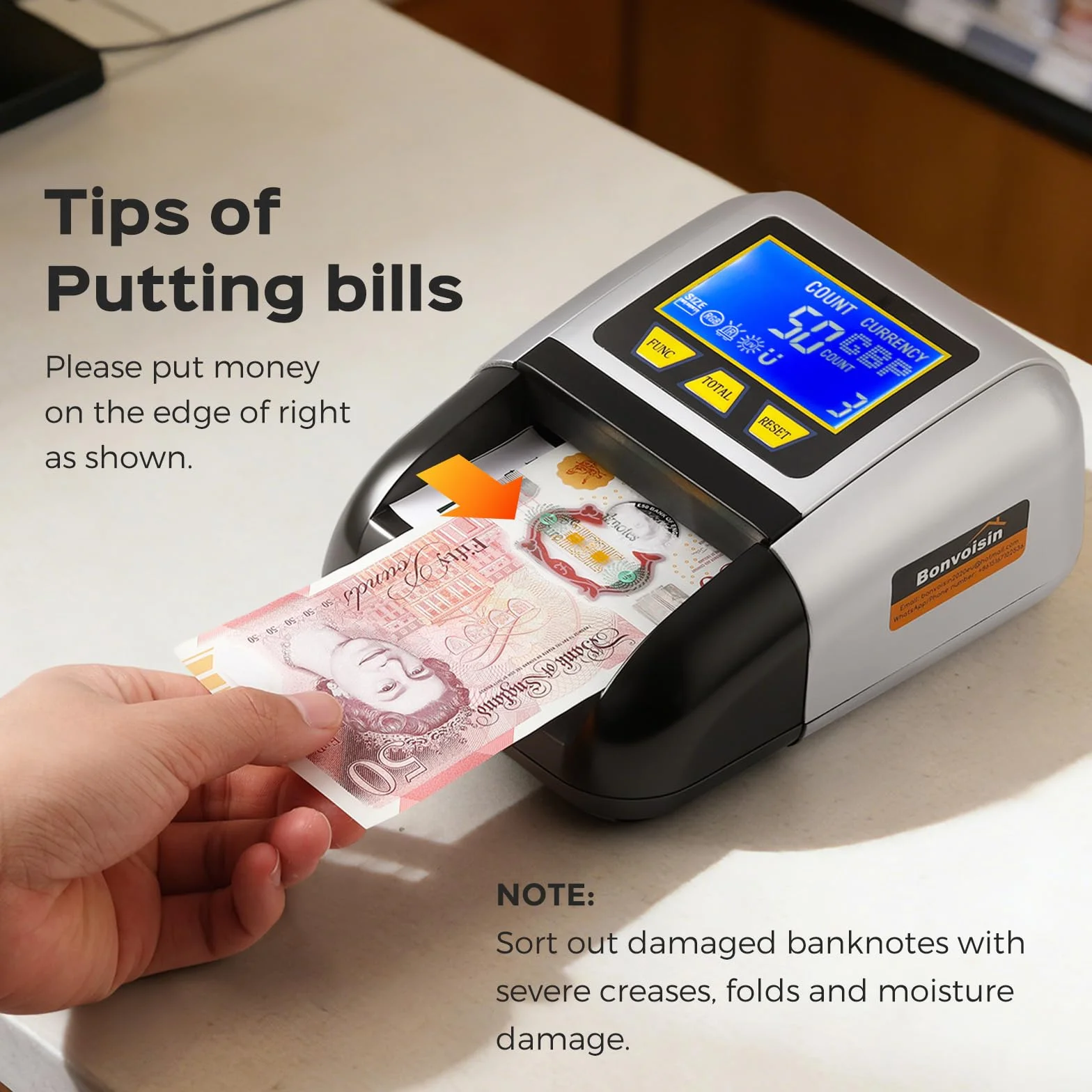 Bonvoisin Detector de Billetes Falsos, Comprobador Billete UV/IR/MG, Portátil Detector con Función Valor Total, Batería Recargable, 4 Orientaciones, Compatible EUR/USD/GBP Etc., Pantalla LCD (A)