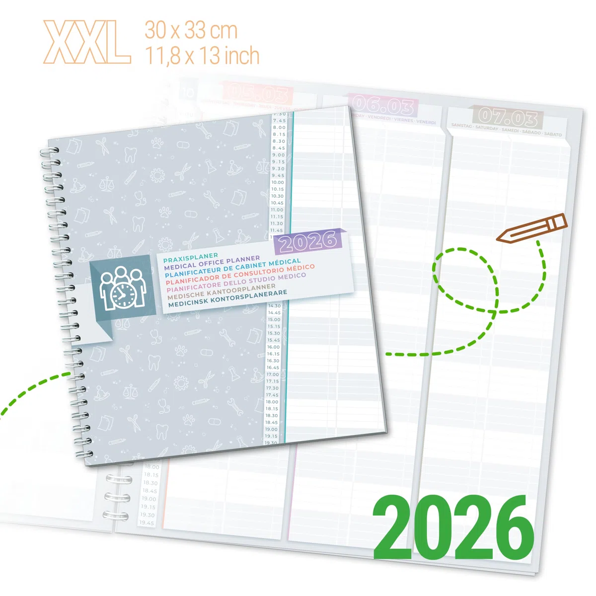 1 agenda del consultorio 2026 Libro de agenda médica con intervalos de 15 minutos, 2 columnas por día calendario médico extra grande para libro de citas formato 33x30 cm.
