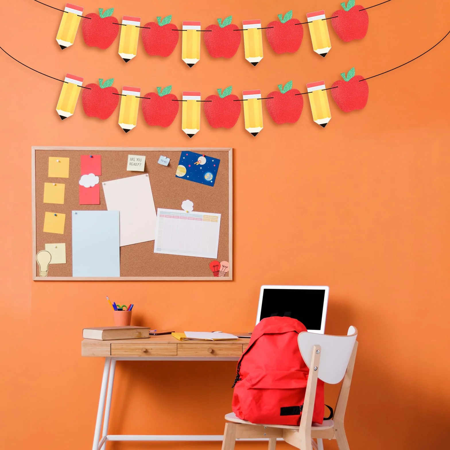 2 pancartas de lápiz de manzana para decoración de regreso a clases, decoración de primer día de clases, suministros de fiesta, cartulina roja y amarilla con purpurina