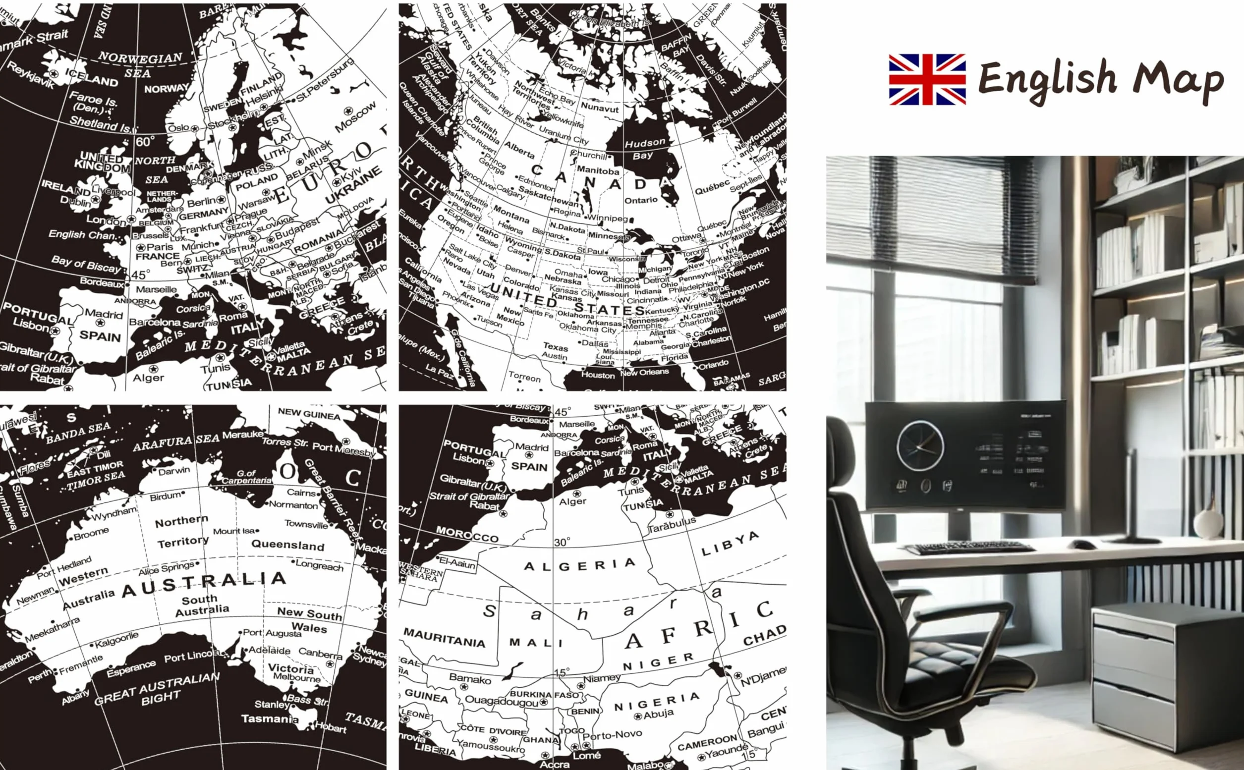 Exerz 30cm Globo Terráqueo - Mapa en Inglés - Decoración de Escritorio educativa/geográfica/Moderna - con una Base de Metal - Negro Metálico - Diámetro: 30cm