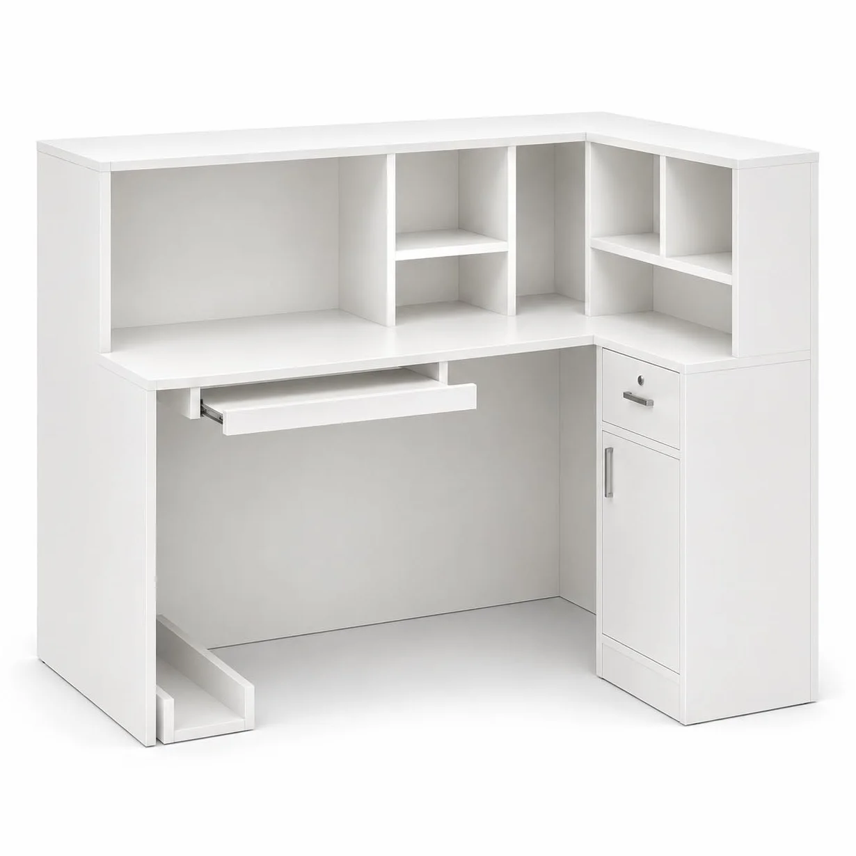 Mostrador de Recepción Blanco en L 142cm Caja Esquinera con Cajón de Teclado, Soporte para PC, Cajón con Llave y 5 Compartimentos 142×82×123cm