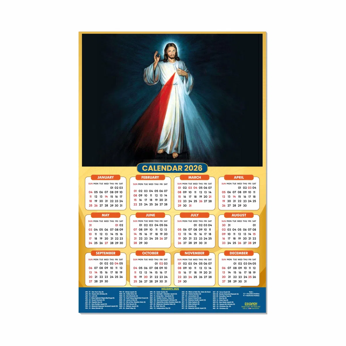 ESCAPER Calendario de pared de Jesús 2026, calendario cristiano laminado de 12 x 18 pulgadas, día festivo indio, decoración religiosa de Isa Masih para el hogar y la oficina