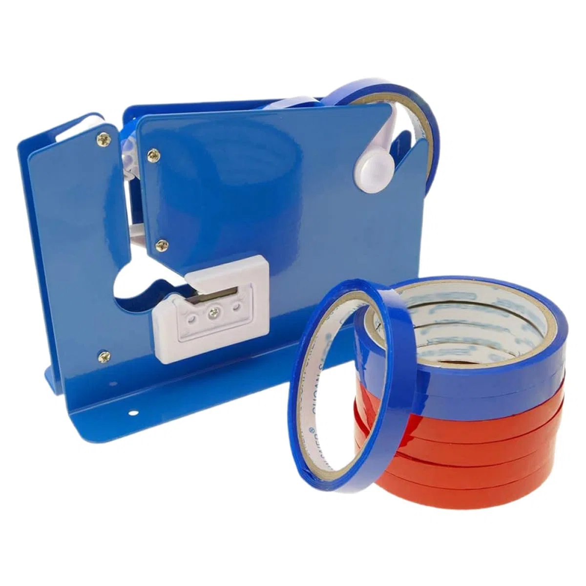 PRETYZOOM Máquina Cortadora y Dispensadora de Cinta Adhesiva 12 Mm, Incluye 8 Rollos de Cinta Azul y Roja, Cortador Compacto para Sellado y Embalaje, Sellador de Bolsas para Oficina