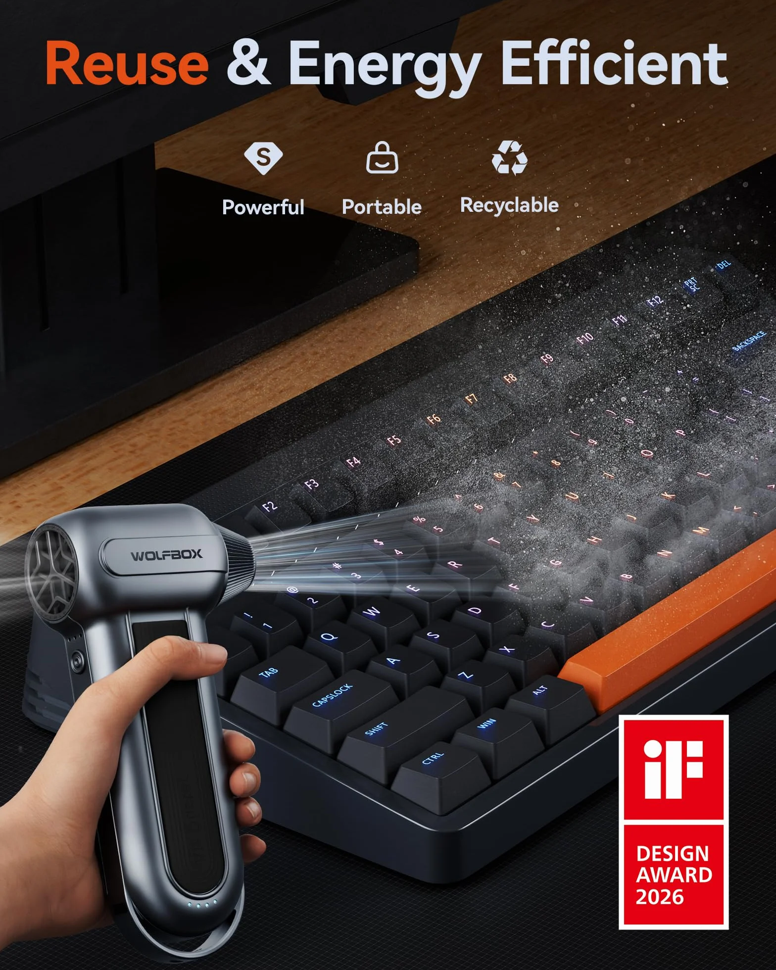 WOLFBOX MF100 plumero eléctrico de aire-150000RPM Super Power inalámbrico plumero de aire, motor sin escobillas recargable, 3-Gear ajustable soplador de polvo para el ordenador, teclado, casa y coche