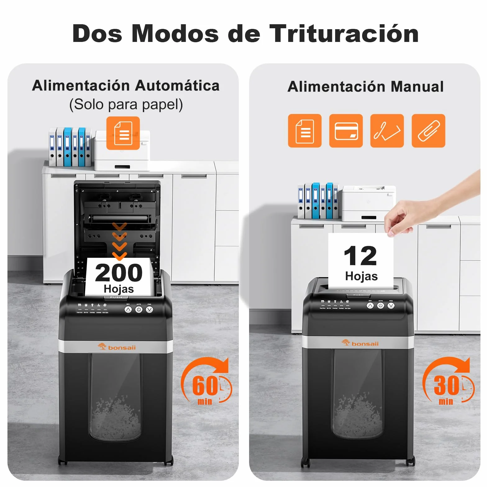 Bonsaii Trituradora de Papel con Alimentación Automática 200 Hojas, Micro-Corte P-4, 60 Min Continuo, Bajo Ruido, Ahorro Energía, Contenedor 31L, Modo Manual para Tarjetas, Ideal para Oficina, C283-A