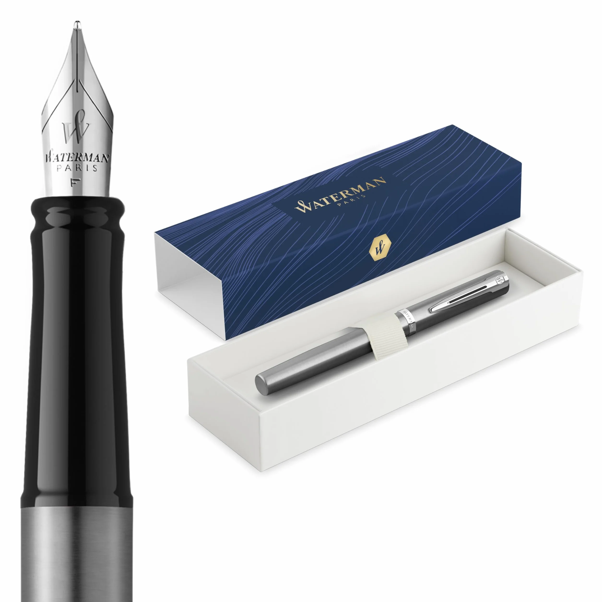 Waterman Impression Pluma estilográfica | Plumín fino con recarga de tinta azul | Acero inoxidable con adornos chapados en paladio | Caja de regalo