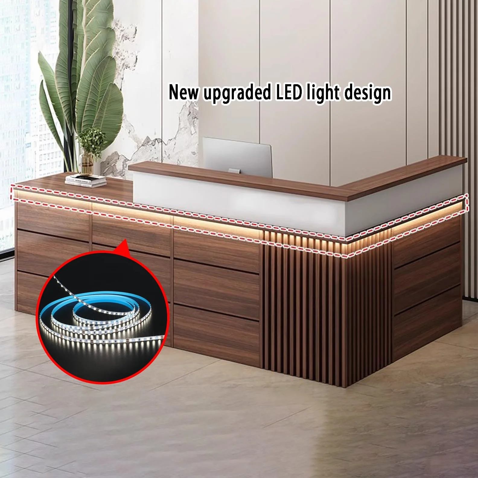 Mostrador De Recepción Moderno, Bandeja para Teclado Y Amplio Espacio De Almacenamiento, Luces LED, Adecuado para Hoteles, Oficinas Comerciales Y Hoteles(Brown,Left_160X60X100CM)