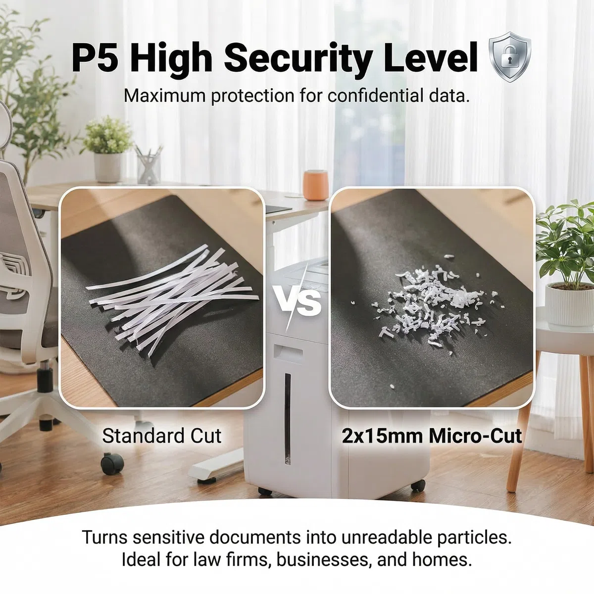 Trituradora de Papel de 200 Hojas: P5 Destructora de Documentos Automática con Corte Micro 2 x 15 mm Trituradora de Papel Eléctrica con Bandeja de 35L para CD, Tarjetas y Grapas