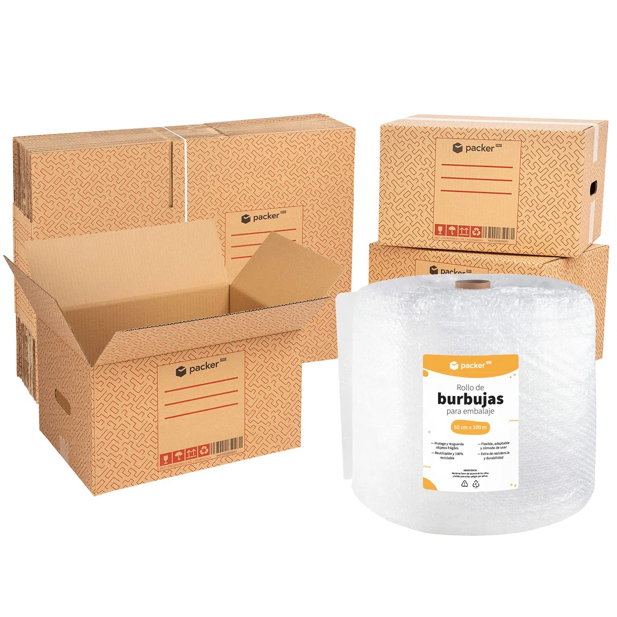 packer PRO Rollo Plastico Burbujas Embalaje de 50cm Ancho y 100m Longitud y 10 Cajas de Carton 60x40x40cm