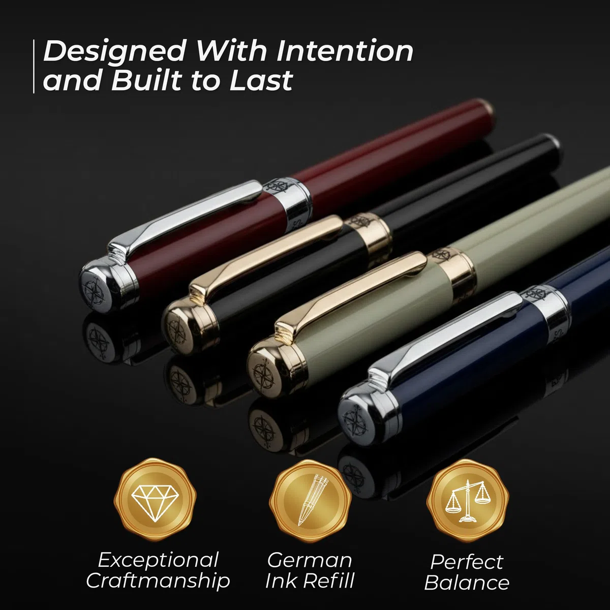 WANDERINGS Bolígrafo Rollerball Premium con Tinta Alemana – Escritura Sobresaliente, 24K Chapado en Oro – Negro Piano – Incluye un Recambio Schmidt en un Estuche de Presentación para Regalo