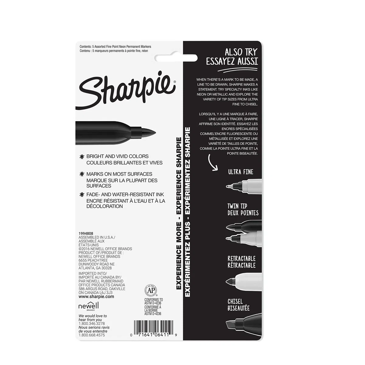 SHARPIE Marcador permanente de punta fina neón para escritura precisa, apto para uso multiusos, sin manchas, artículos de papelería de oficina, paquete de 5