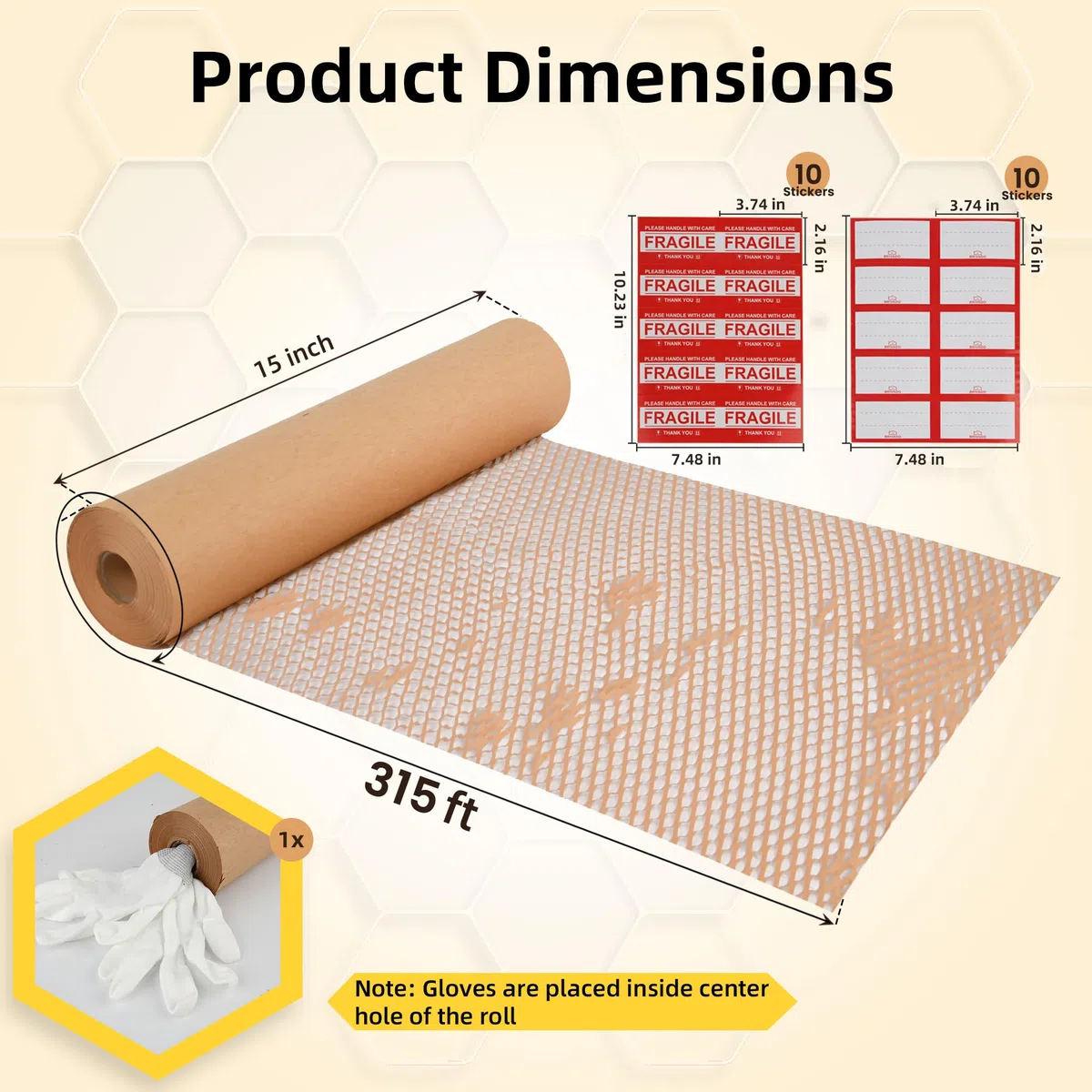Rollo de papel de embalaje de panal de abeja de 15 x 3780 pulgadas (96 m) – Papel de regalo ecológico con calcomanías frágiles y de etiquetado, guantes, papel de panal reciclable | Alternativa al