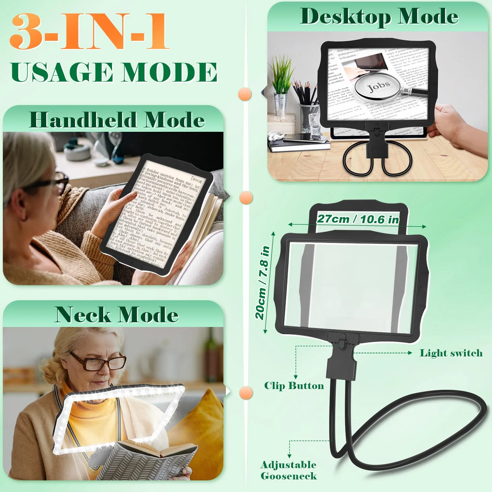 NZQXJXZ 10X Recargable Lupa con Luz, Lupas Grandes con Manos Libres para Leer Libros, Lupa de Página Completa de Libro, Lupa de Cuello de Cisne Flexible para Reparar, Coser, Personas con Baja Visión