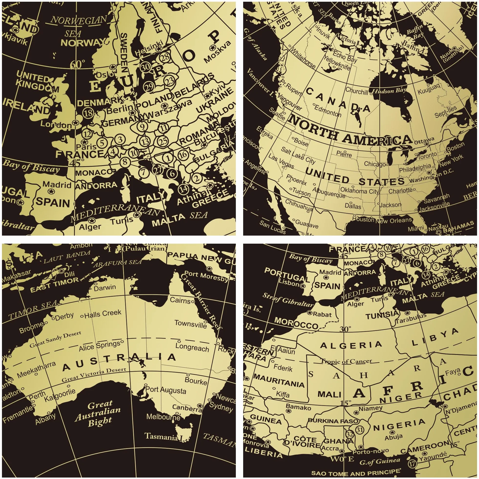 EXERZ Globo de 20 cm, color negro y dorado, rotación de 360 grados en todas las direcciones, World Globe Educational Geographic, arco y base de bronce, mapa inglés.