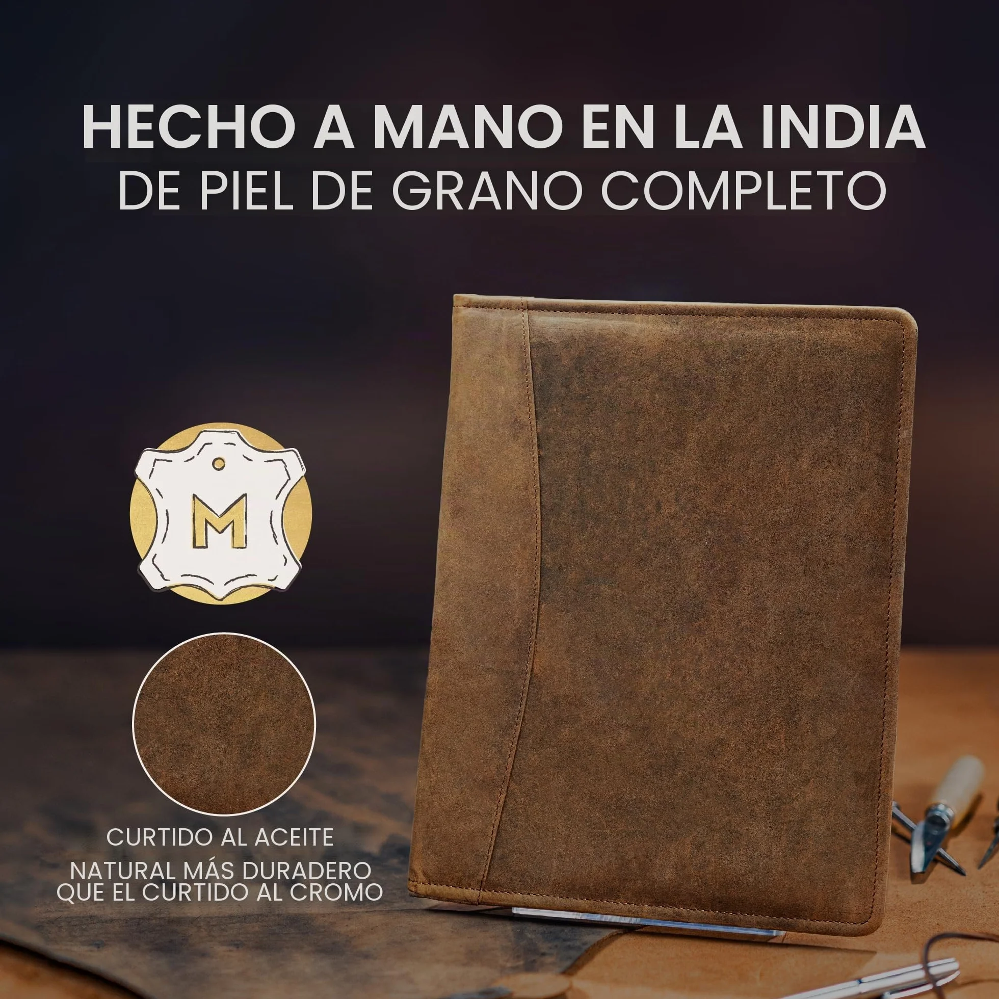 Moonster Portadocumentos de Cuero – Carpeta de Documentos A4 – Portafolio de Cuero con Lujoso Bolígrafo Bloc de Notas y Portatarjetas – Portadocumentos para Mujer y Hombre