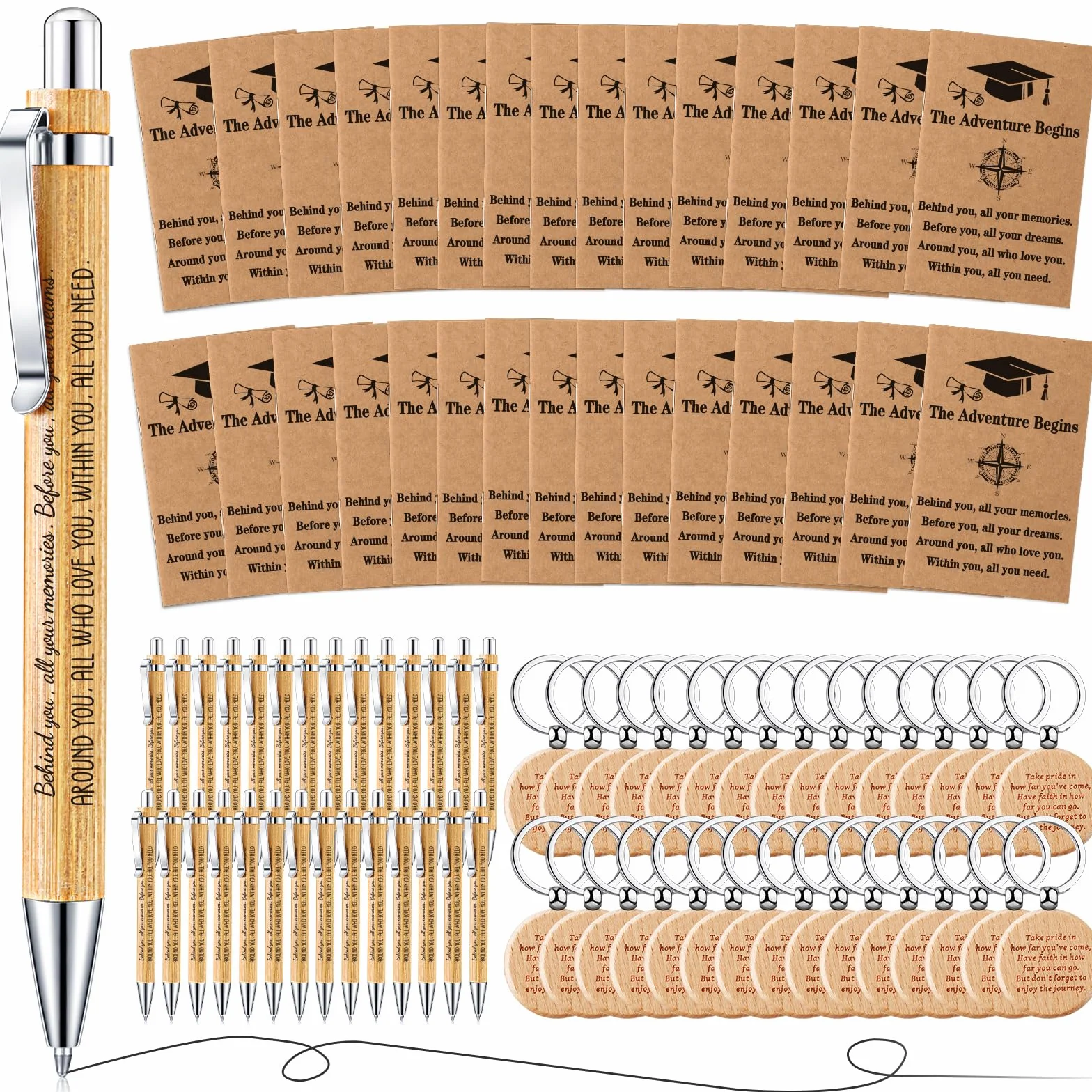 Resurhang 90 cuadernos de papel kraft de bolsillo a granel con bolígrafos de bambú inspiradores, llaveros de madera, regalos de graduación para hija, hijo, estudiantes universitarios Senio
