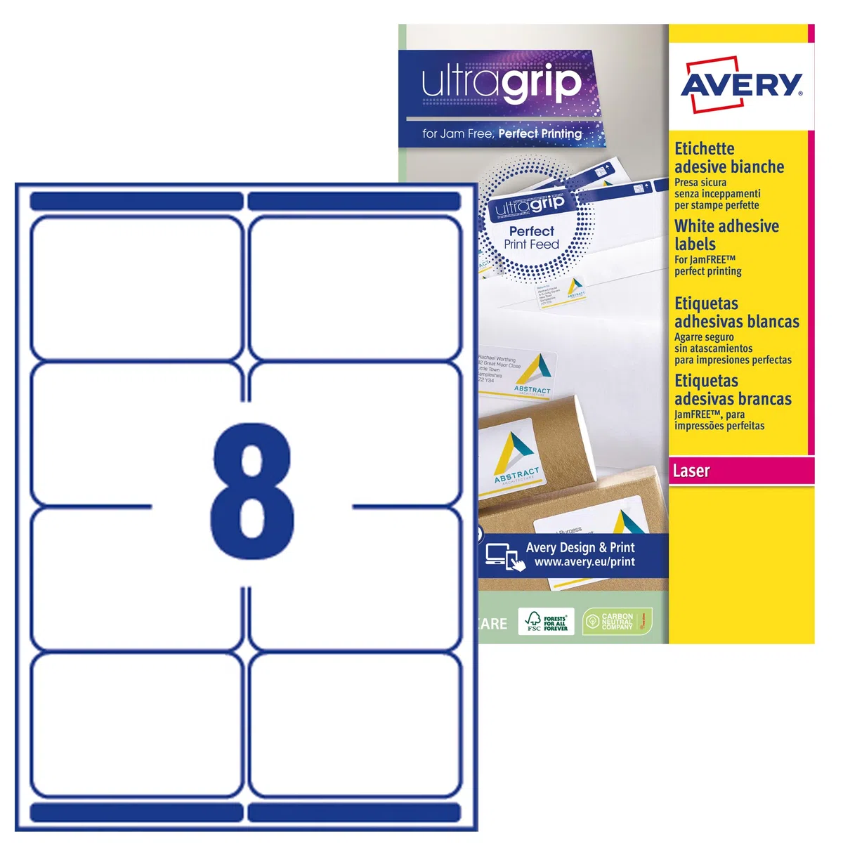 Avery España L7165-100- Etiquetas adhesivas blancas ideales para para envios paquetes, imprimibles, medida 99,1x67,7 mm, Caja de 800 etiquetas