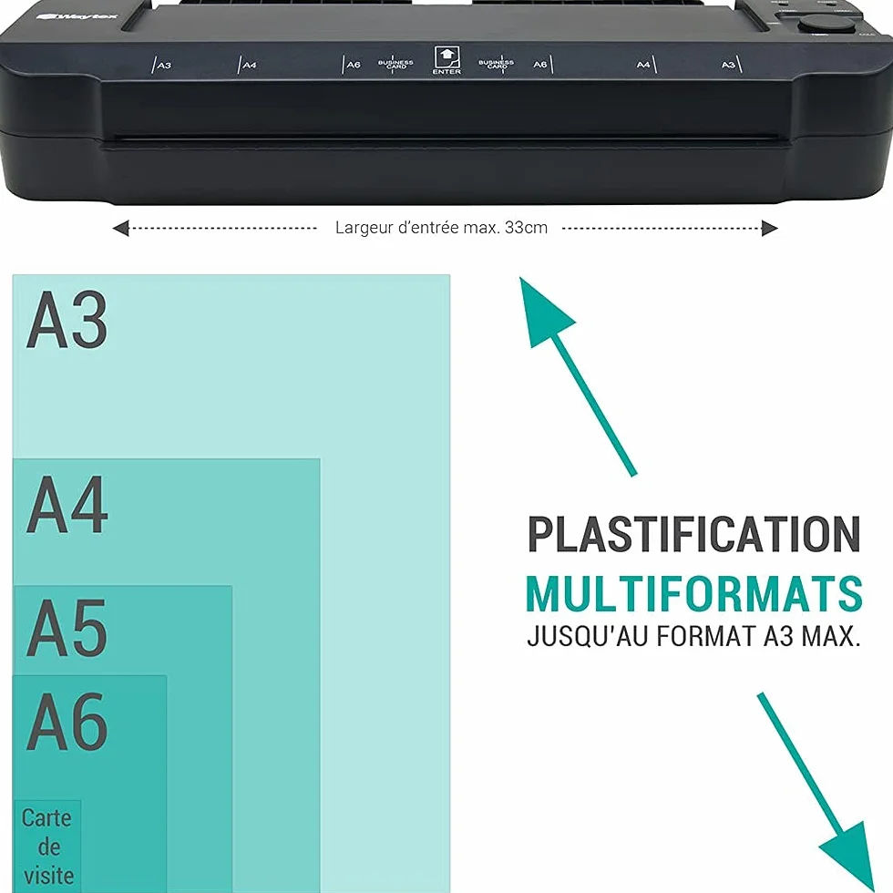 Plastificadora A3 A4 A5 A6 A7 Pro Ultra rápida en caliente y fría hasta 2 x 150 micras Temperatura ajustable para uso profesional intensivo Pack con 100 fundas A4 + 100 fundas A3 + 1 recortadora