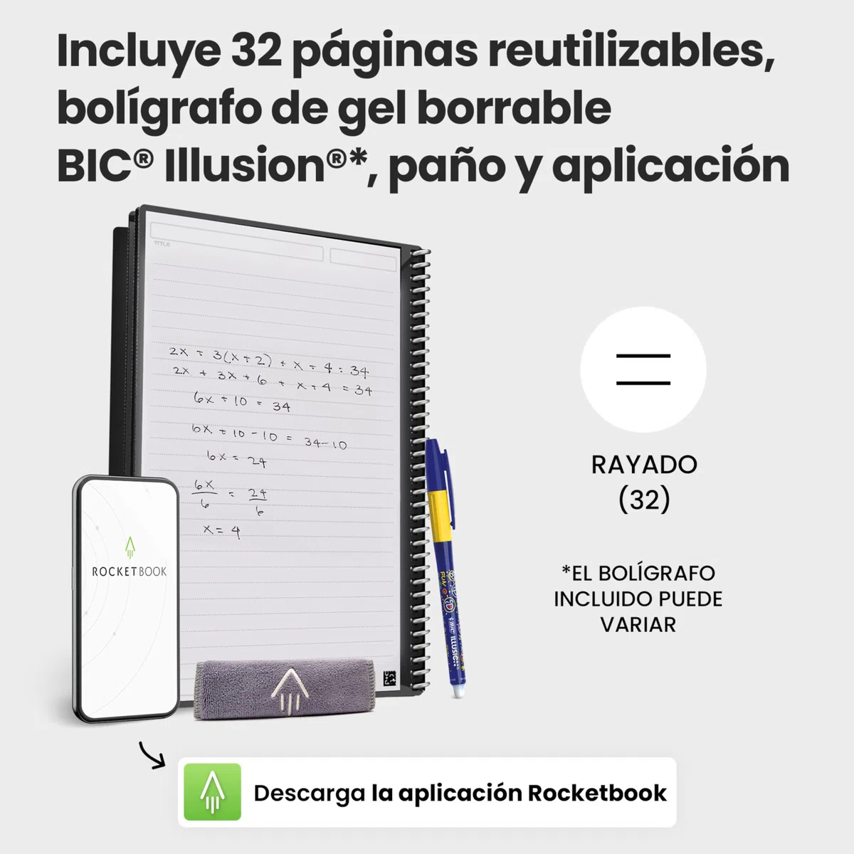 Rocketbook Core Cuaderno Espiral Reutilizable, Tamaño A4 21 cm x 29,7 cm, Negro - Páginas de Rayas, Conexión a App, Borrable, Tapa Duradera, para el Colegio, el Trabajo y los Proyectos Creativos