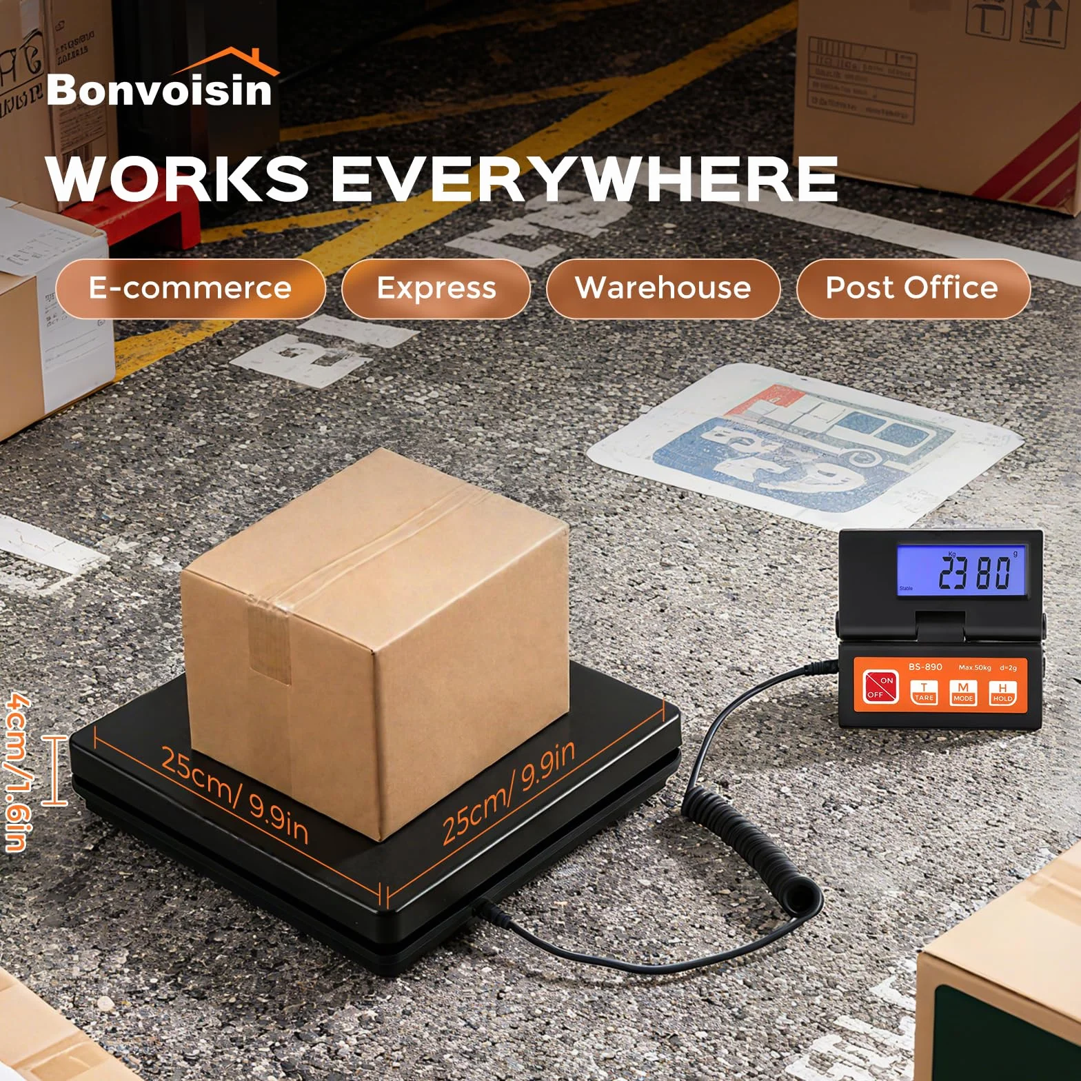 Bonvoisin Báscula para Paquetería Digital 50kg/110lb Balanza para Envíos de Paquetes con Pantalla LCD Grande Separada, 2 pilas AAA y Adaptador de Corriente UE Incluidos, g/kg/oz/lb Conmutable