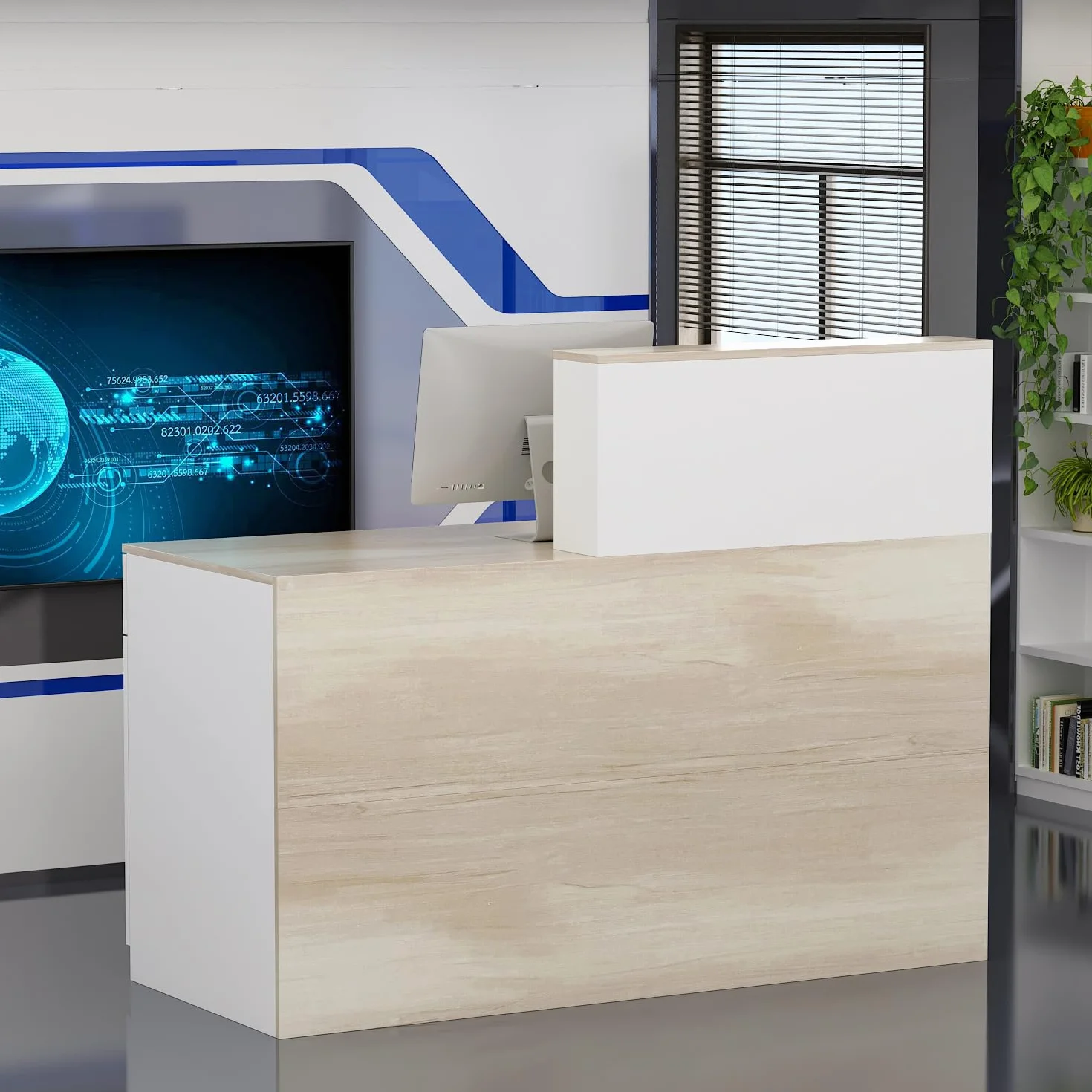 Mostrador de Recepción Grande con Compartimentos Abiertos, Madera y Blanco