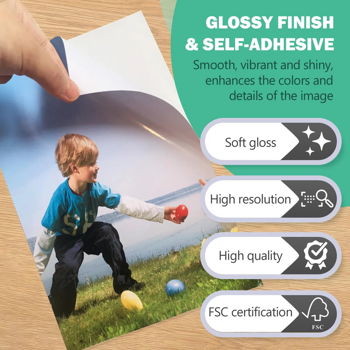 Papel fotográfico autoadhesivo de 8.5 x 11 pulgadas, adhesivo fotográfico brillante para impresora de inyección de tinta, paquete de 100 unidades, 115 g/m² (P8511YB115AG)
