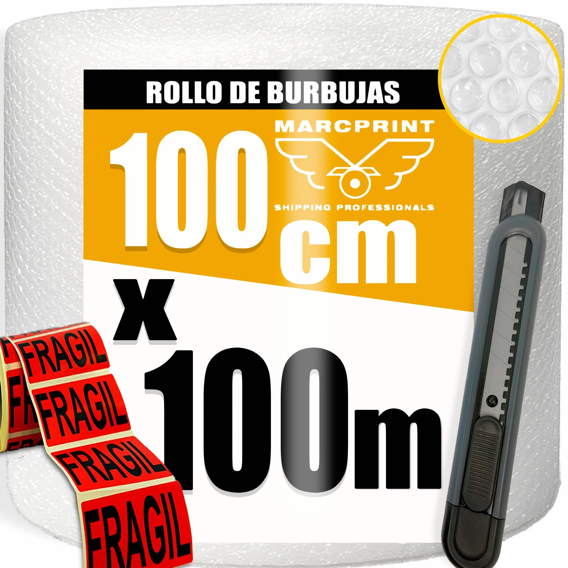 Rollo Burbuja Embalaje 100 cm x 100 m con Cutter y Pegatinas de Frágil – Papel Burbuja Protector Antigolpes Reutilizable
