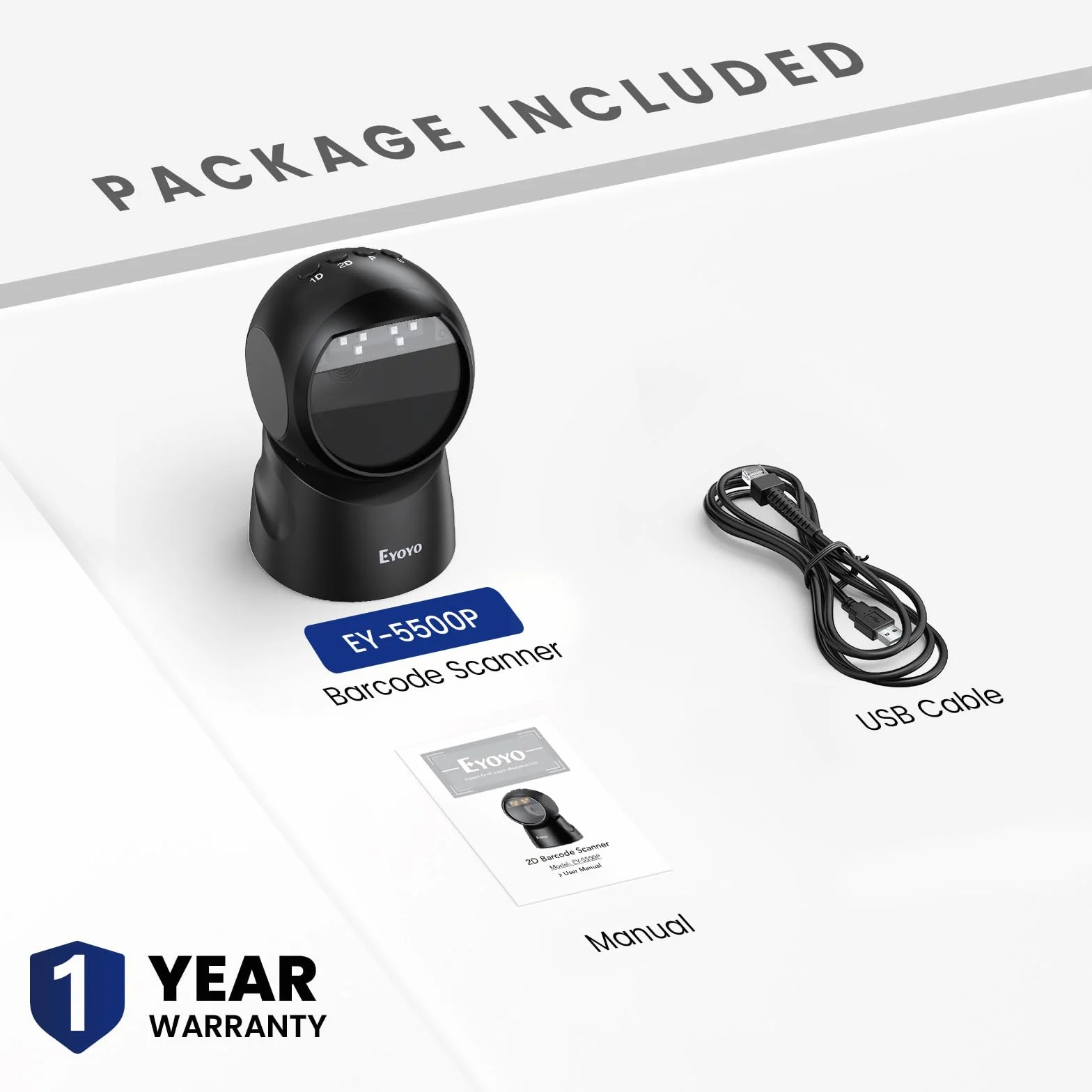 Escáner de códigos de barras de escritorio USB Eyoyo, lector de códigos de barras automático omnidireccional manos libres 2D QR, escaneo con cable para PC, punto de venta, biblioteca, librería, minori