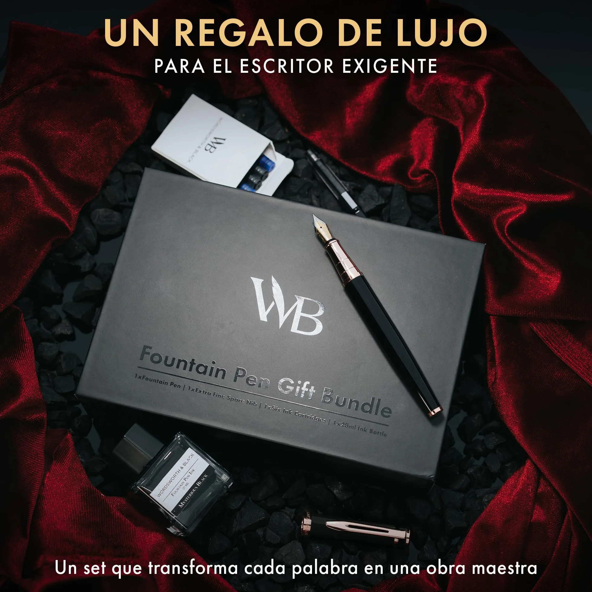 Wordsworth & Black Juego de pluma estilográfica, plumines medio y extrafino chapados en oro de 18K,botella negra de 25ML,6 cartuchos de tinta,convertidor de recarga,escritura suave [Negro y Oro Rosa]