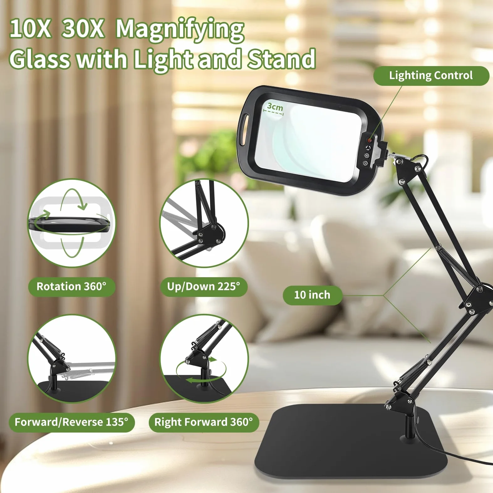 GABORISH 10 x 30 lupa de mesa con luz y soporte, lupa rectangular con 60 LED, 5 modos de color y regulable lupa de pie libre con luz, 2 en 1 lupa con abrazadera y base delantera