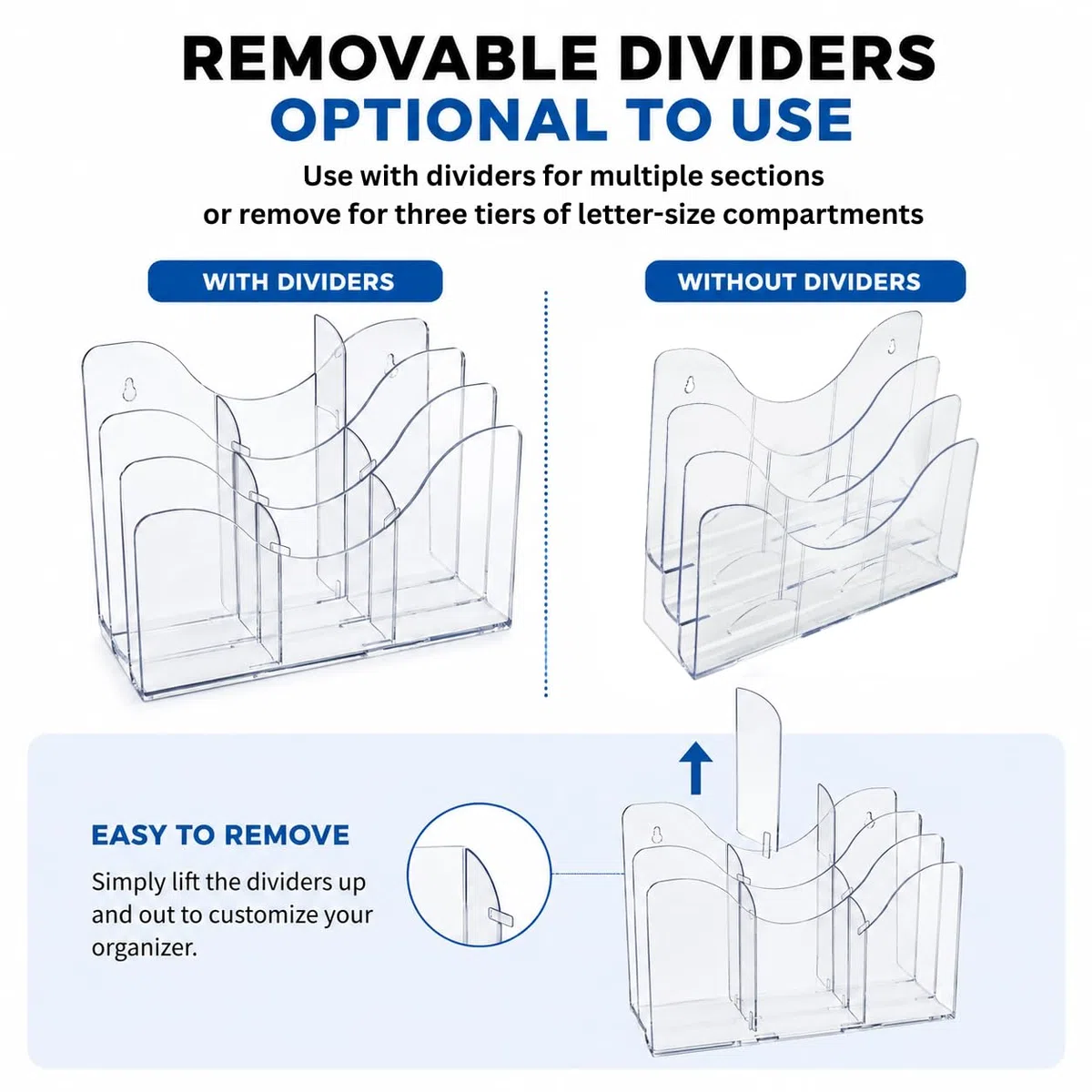 Azar Displays 250099-6PK - Organizador de pared de escritorio de tres niveles con divisores, soporte de exhibición de folletos acrílico, transparente, paquete de 6