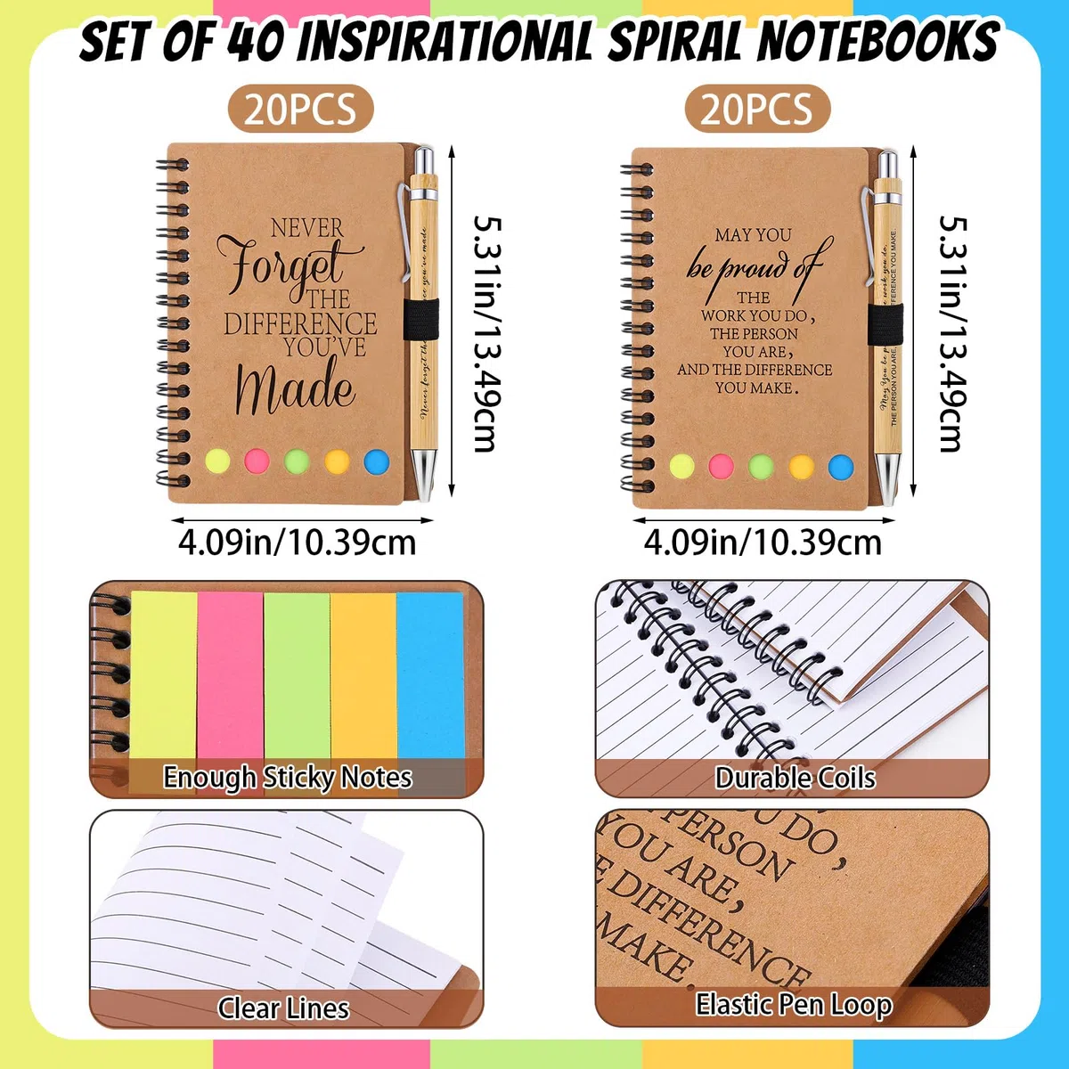 Regalos de agradecimiento para el regreso a clases para profesores, empleados, cuadernos inspiradores en espiral con notas adhesivas, blocs de notas, bolígrafos de bambú de agradecimiento a granel