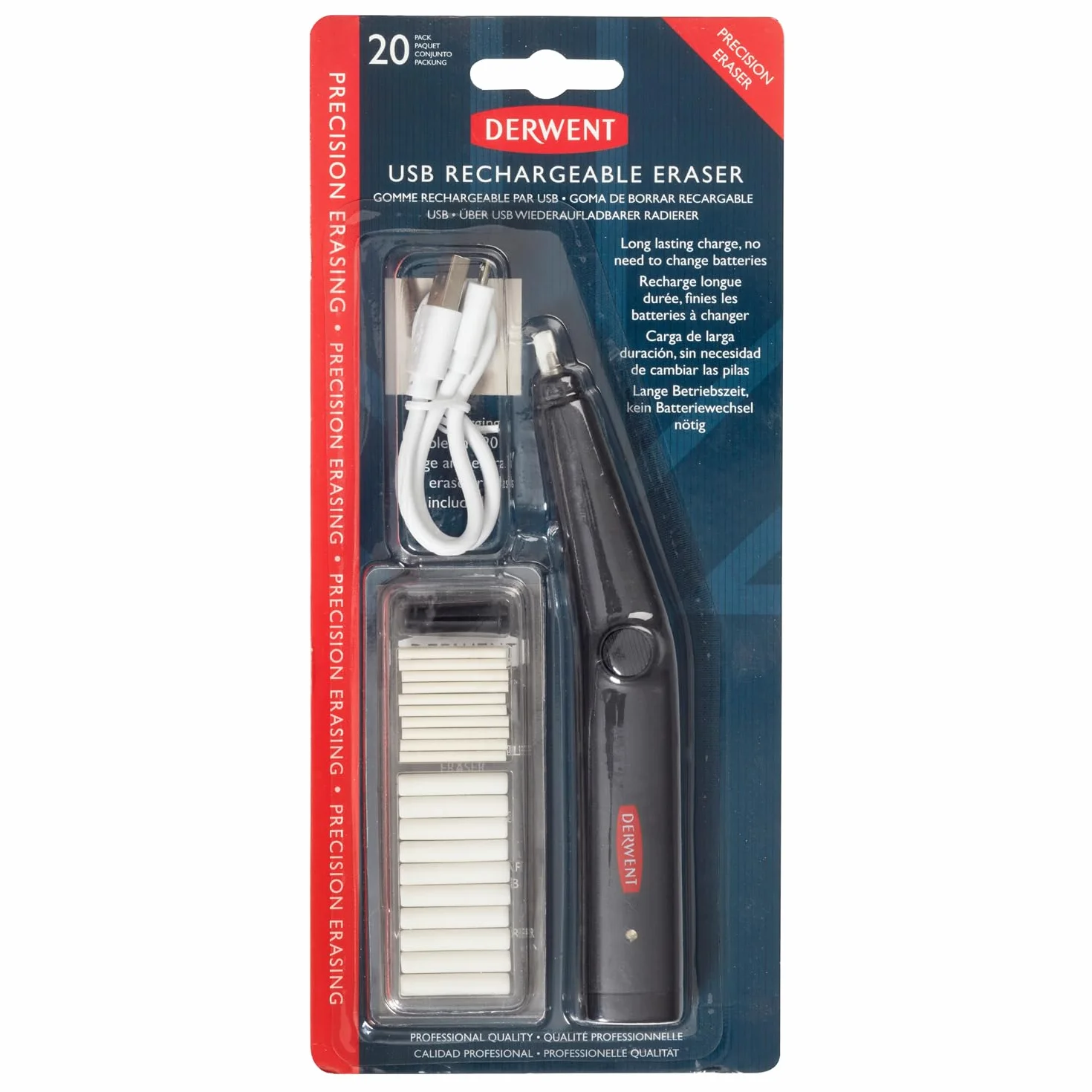 Derwent 2305810 - Goma de Borrar Recargable Mediante USB, Incluye Cable Carga + 20 Recambios Goma, Ideal para Borrar con Gran Precisión, Calidad Profesional, Ambidiestro, No Abrasivo