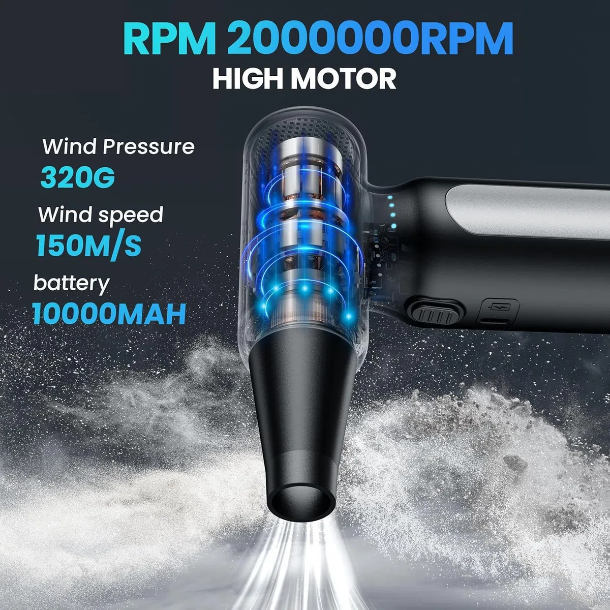 Plumero de aire comprimido, 200000 rpm, inalámbrico, eléctrico, recargable, por USB, duradero, 3 engranajes, ajustable, para PC, teclado, exterior, casa y coche (plateado)
