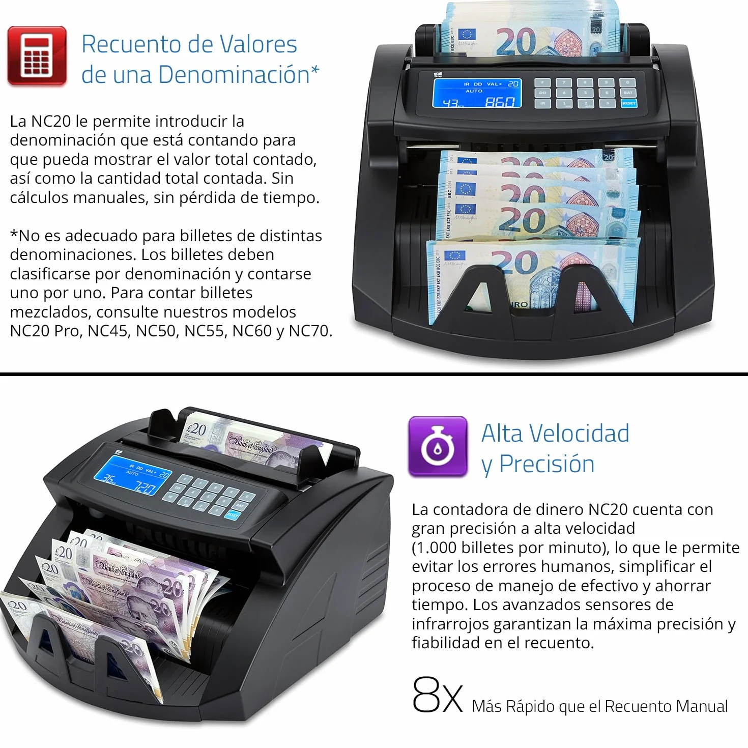 ZZap NC20 Contadora de billetes - Cuenta 1.000 billetes por minuto, Recuento por lotes, cuenta todas las divisas del mundo y mucho más!