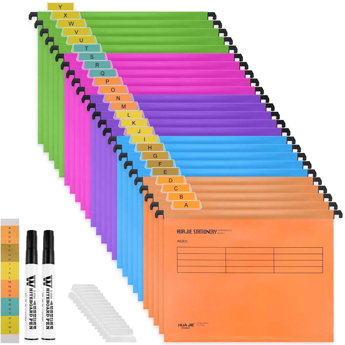 Archivos colgantes A4, 25 carpetas colgantes de polipropileno con pestañas, insertos de tarjetas y bolígrafo borrable, trabajo, oficina (5 colores)