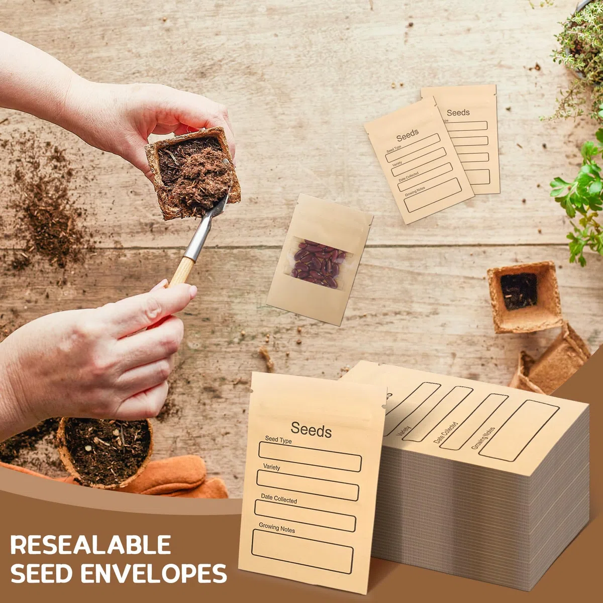 Paquete de 100 sobres pequeños resellables con ventana transparente, 3.15 x 4.72 pulgadas, sobres de papel kraft marrón con plantilla de recolección de semillas preimpresa para almacenamiento de