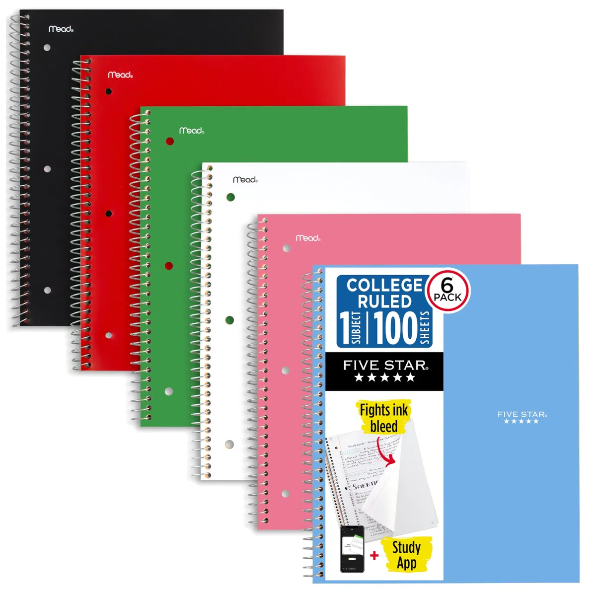 Five Star Cuadernos en espiral, paquete de 6, 1 materia, papel rayado universitario, combate el sangrado de tinta, cubierta resistente al agua, 8-1/2 x 11 pulgadas, 100 hojas, negro, rojo, azul,