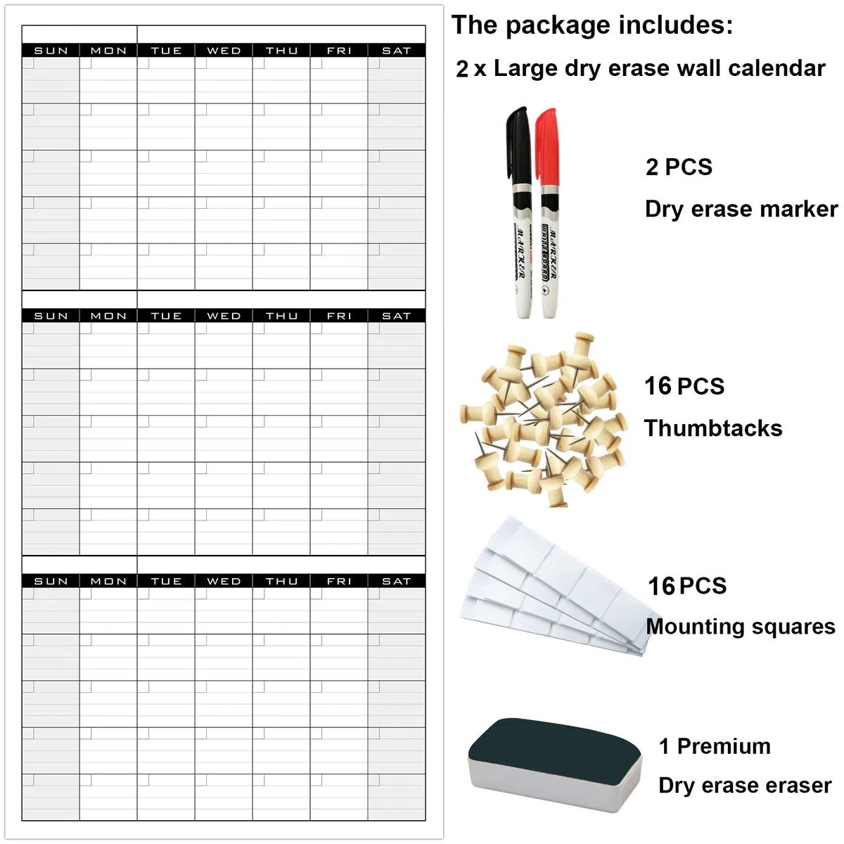 Calendario grande de borrado en seco para pared, calendario de pared laminado gigante de 3 meses, planificador mensual grande en blanco, póster de planificación borrable de 90 días sin fecha para el