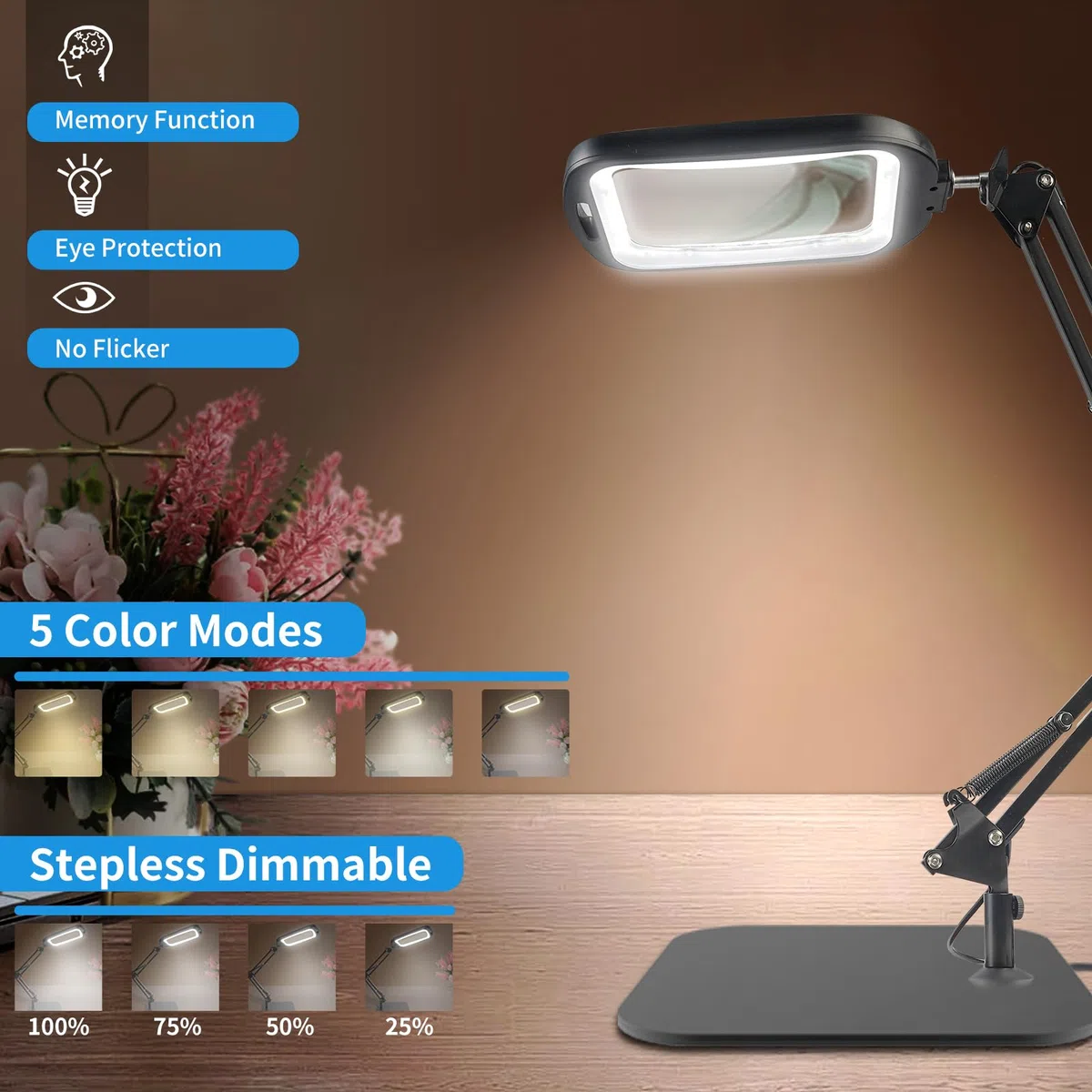 GABORISH 10 lupas de mesa con luz y soporte, lámpara de lupa rectangular con 60 LED, 5 modos de color y regulable, sin manos, lupa de pie con luz, 2 en 1, lámpara con lupa con abrazadera y base para