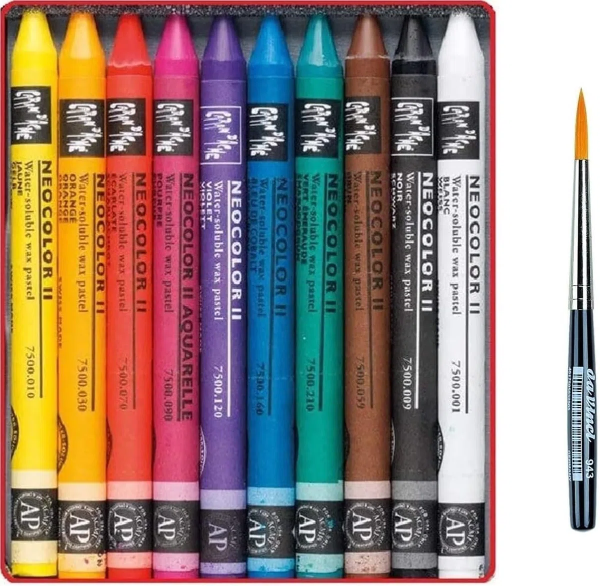 Caran d'Ache Neocolor II, Pasteles de cera acuarelables, Lápices de cera Aquarellables - Juego de 10 y 1 pinceles